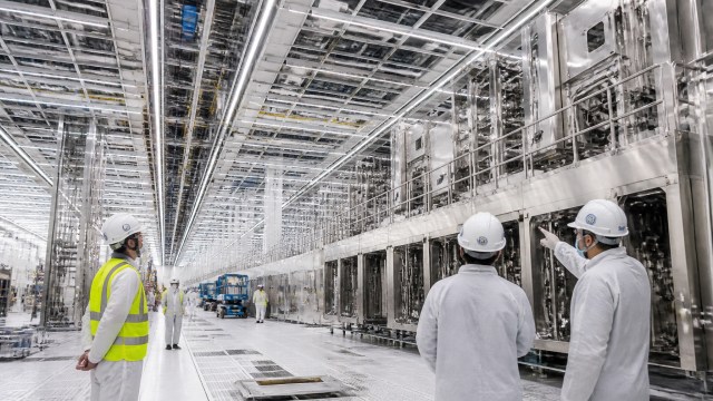 A high-resolution editorial photograph of a sprawling semiconductor cleanroom under construction in Upstate New York, with engineers in white cleanroom suits and construction specialists inspecting advanced fabrication infrastructure.