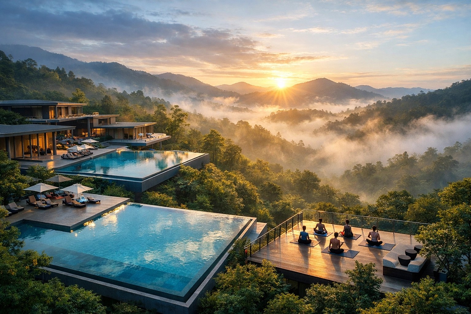 Luxury wellness resort with infinity pool and sunrise yoga in mountain setting