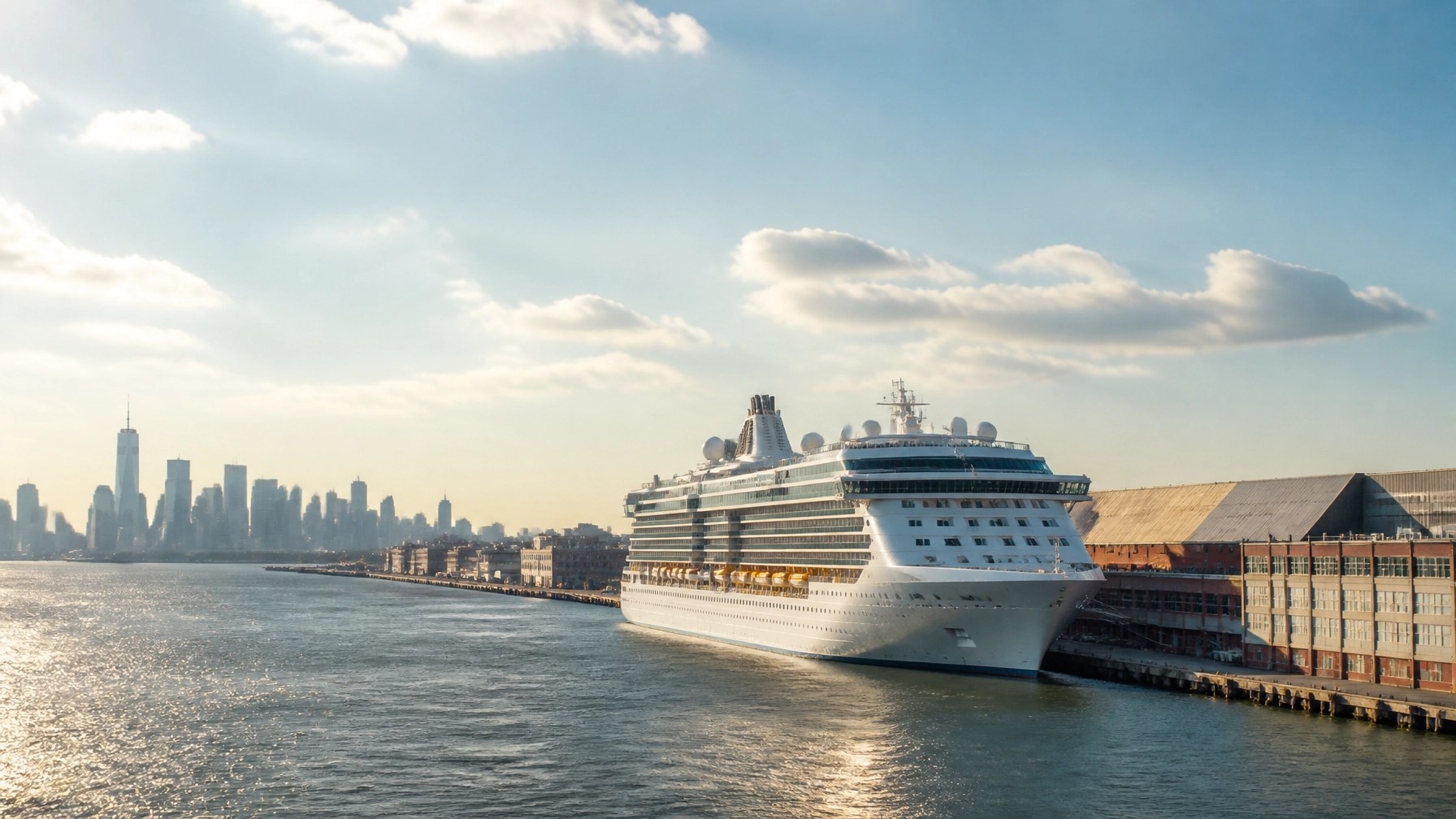 Modern cruise ship docked near the Manhattan Cruise Terminal with the Hudson River and New York skyline
