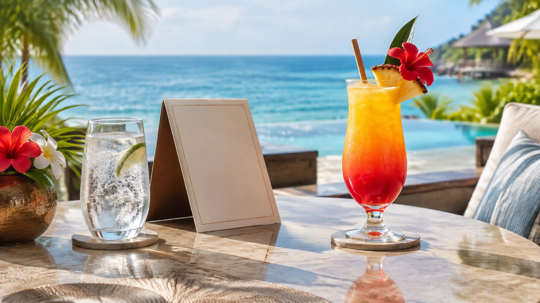 Sparkling water and a colorful tropical mocktail on a resort terrace overlooking the ocean