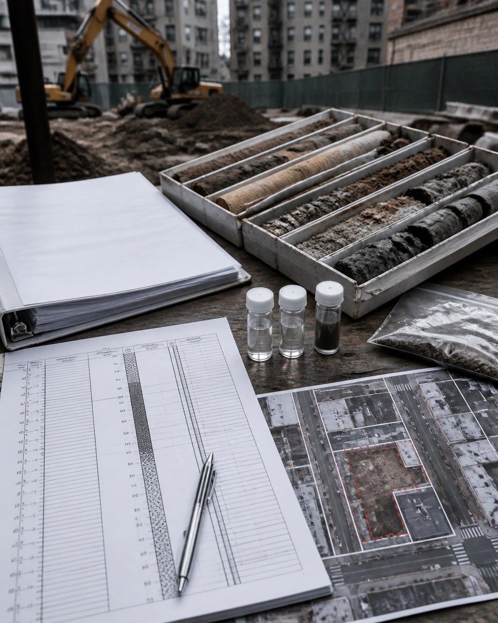 Environmental due-diligence workspace with soil boring logs, sample vials, and historic site documentation