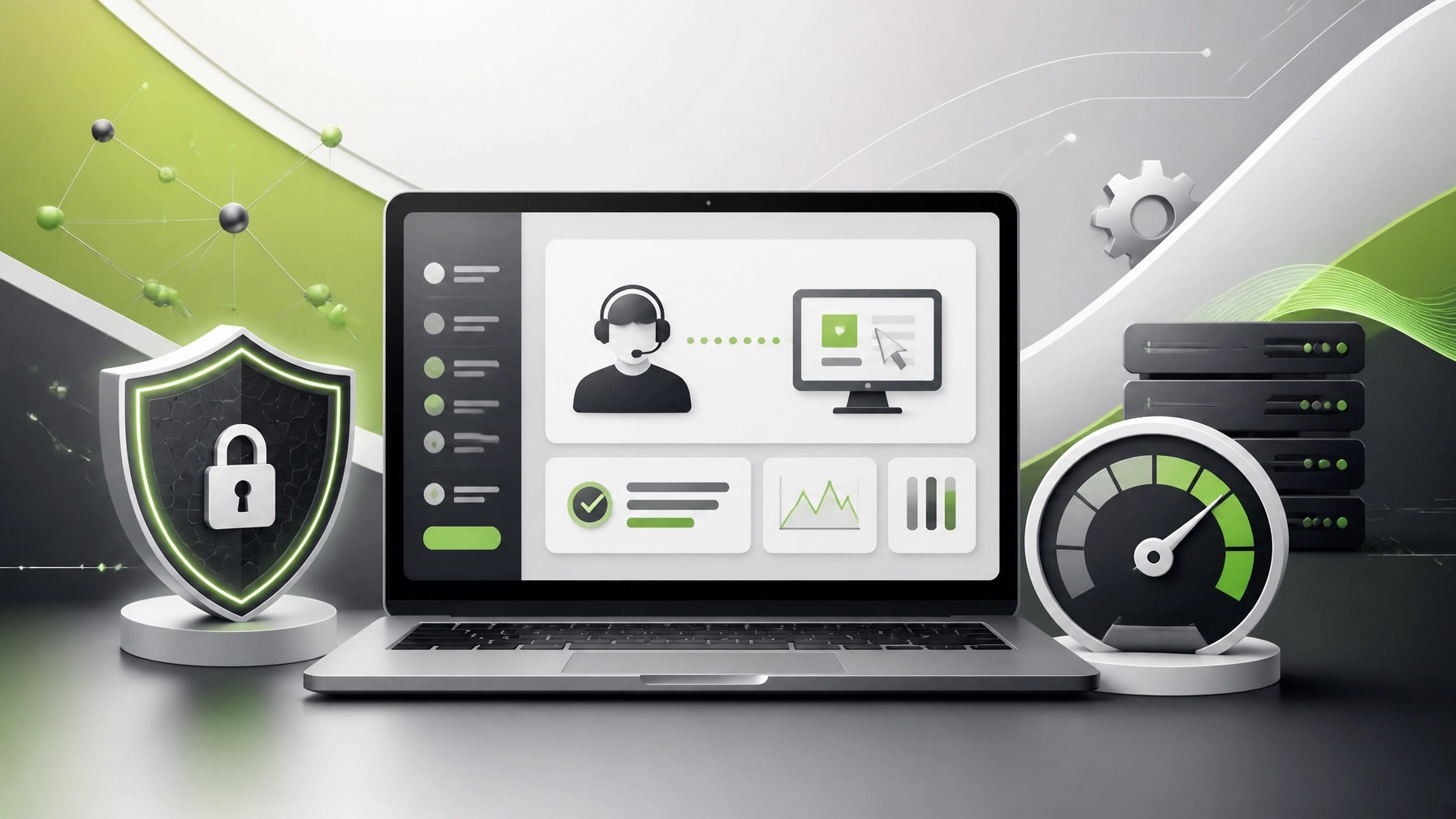 Clean modern illustration of a laptop receiving secure remote IT support with a cybersecurity shield and optimization dashboard