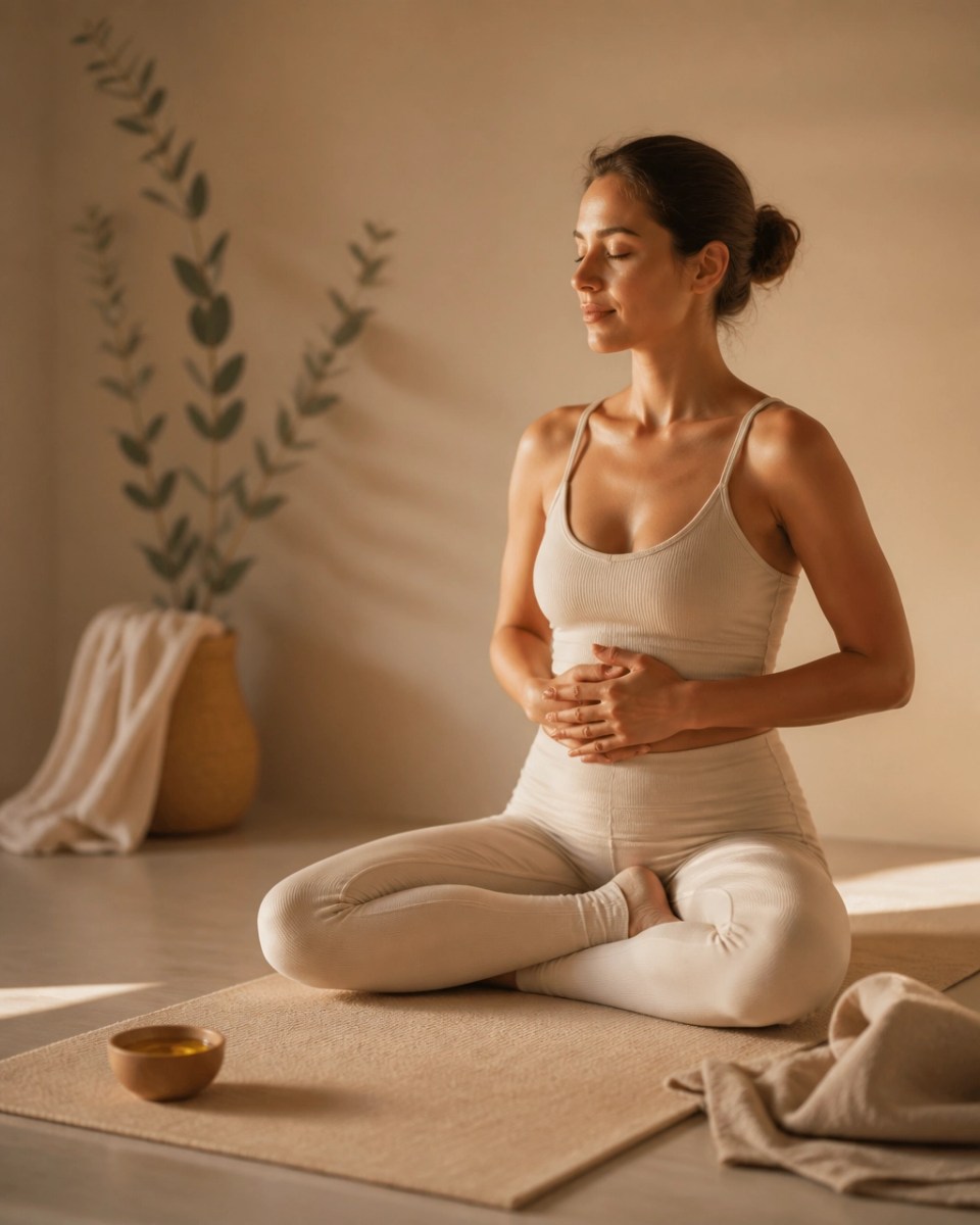 Persona integrando respiración consciente y yoga después de una rutina ayurvédica