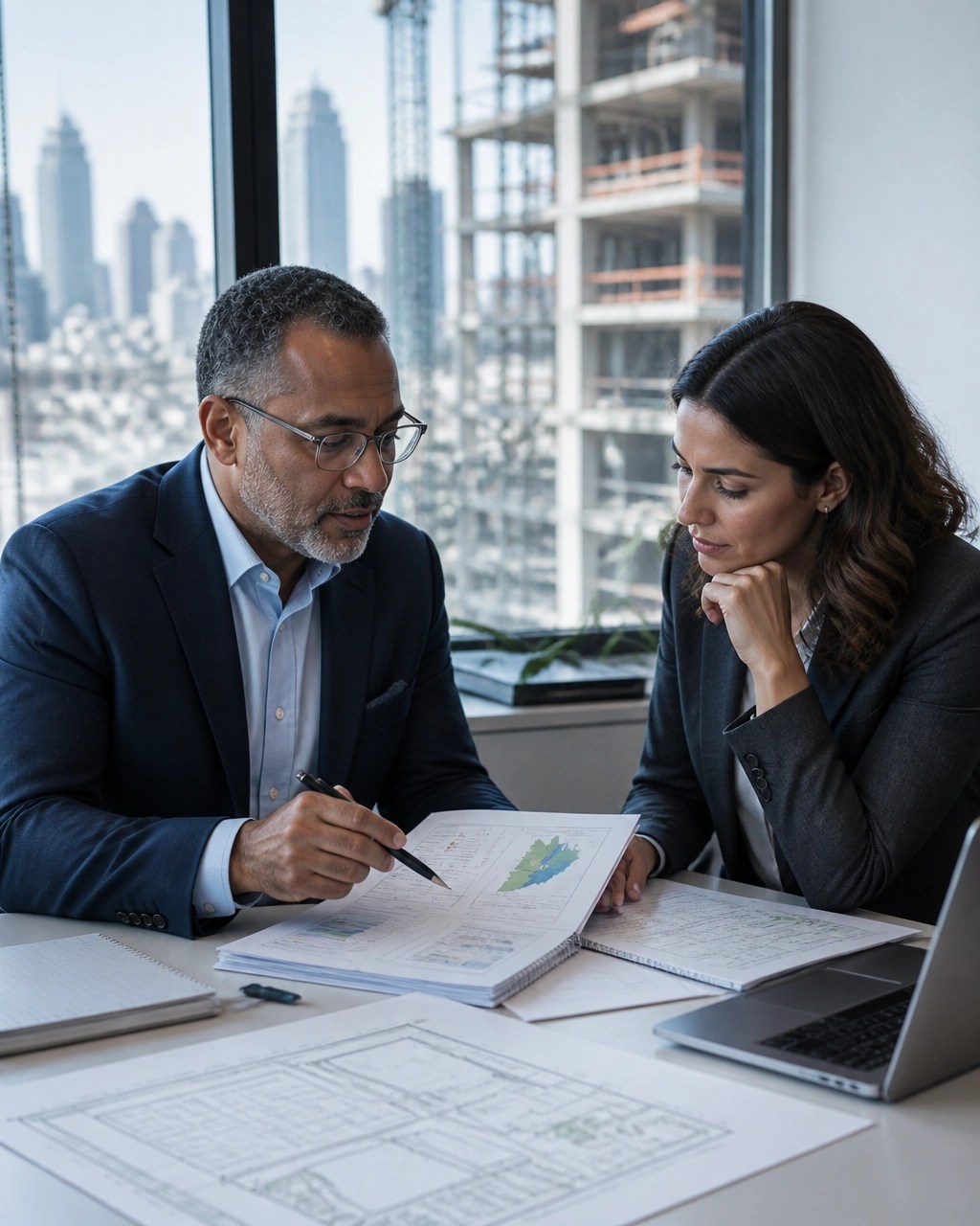 Senior environmental engineer and real estate attorney reviewing a concise Phase I ESA report and site plan in a modern NYC/NJ project office