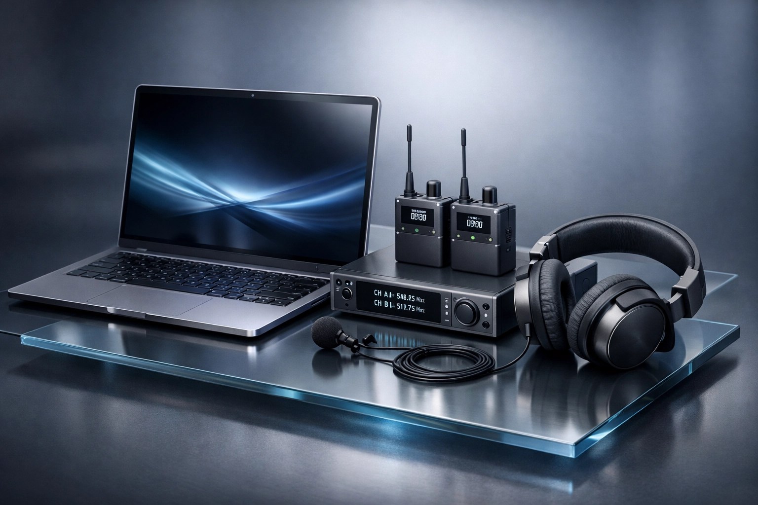 Professional remote work tech stack with a laptop and wireless microphone for content creation.