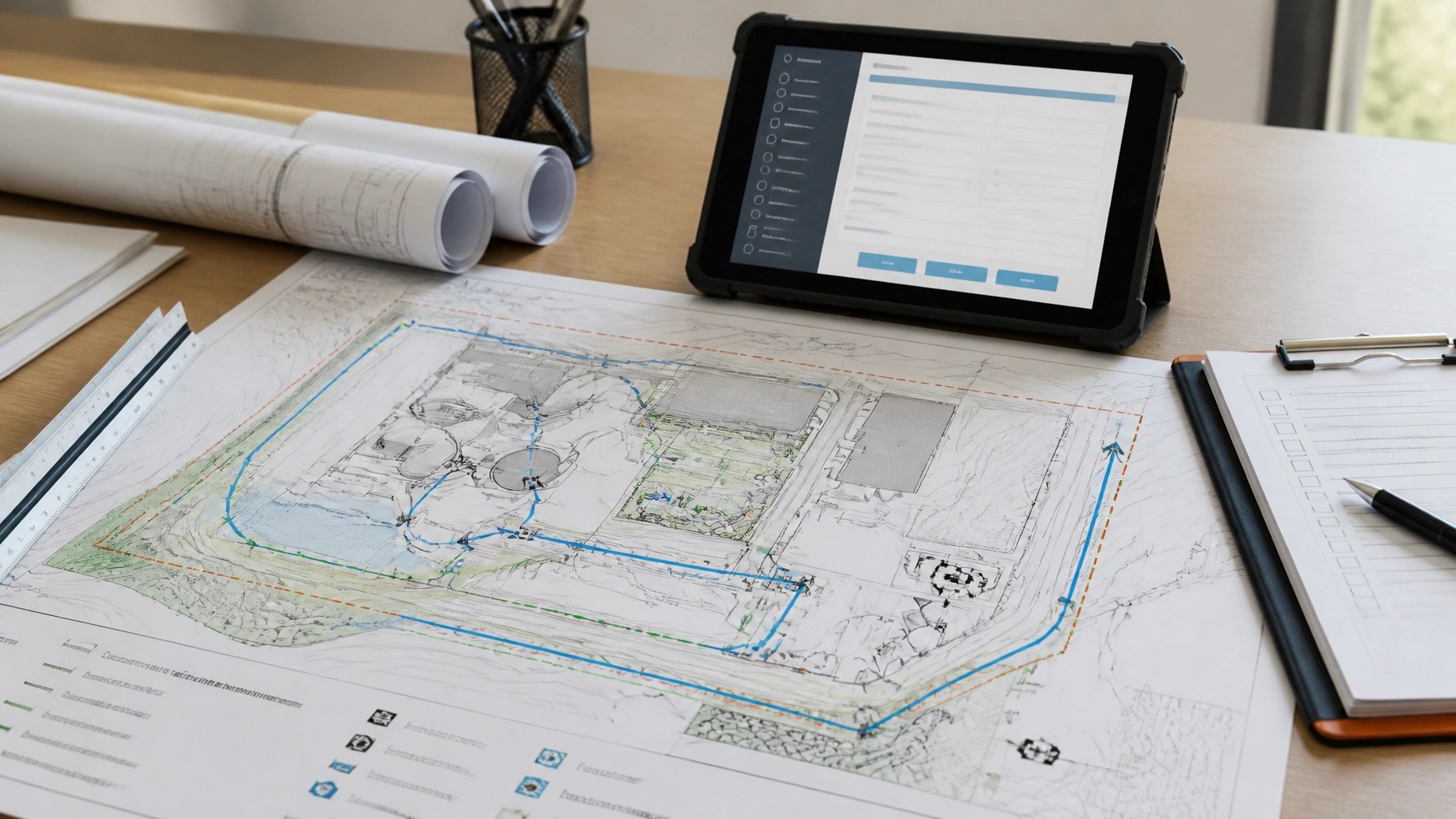 Civil site plan showing drainage flow paths, grading contours, stormwater structures, and an electronic permitting workspace