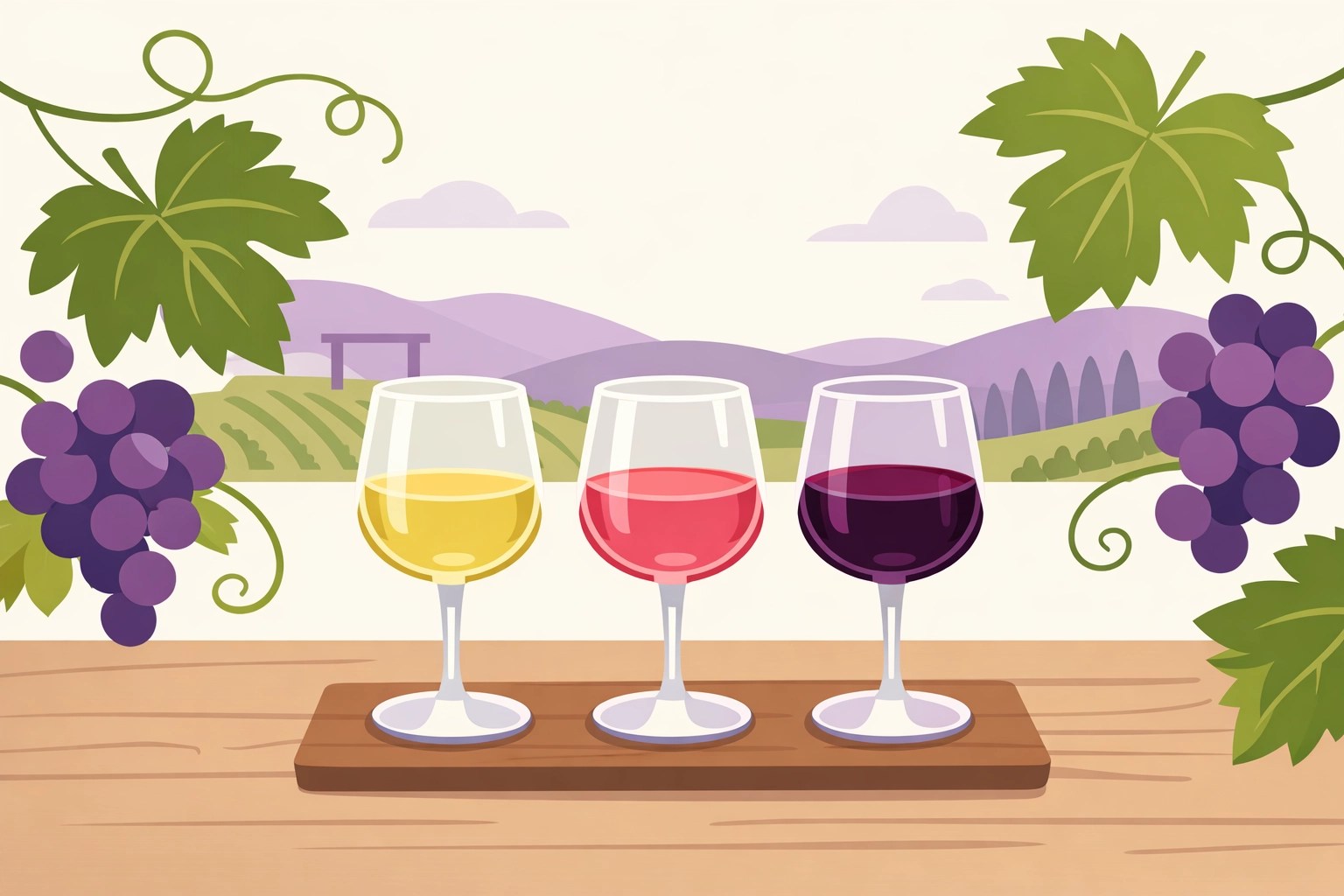 A curated Virginia wine tasting flight with glasses of Viognier and red wine at a luxury vineyard.