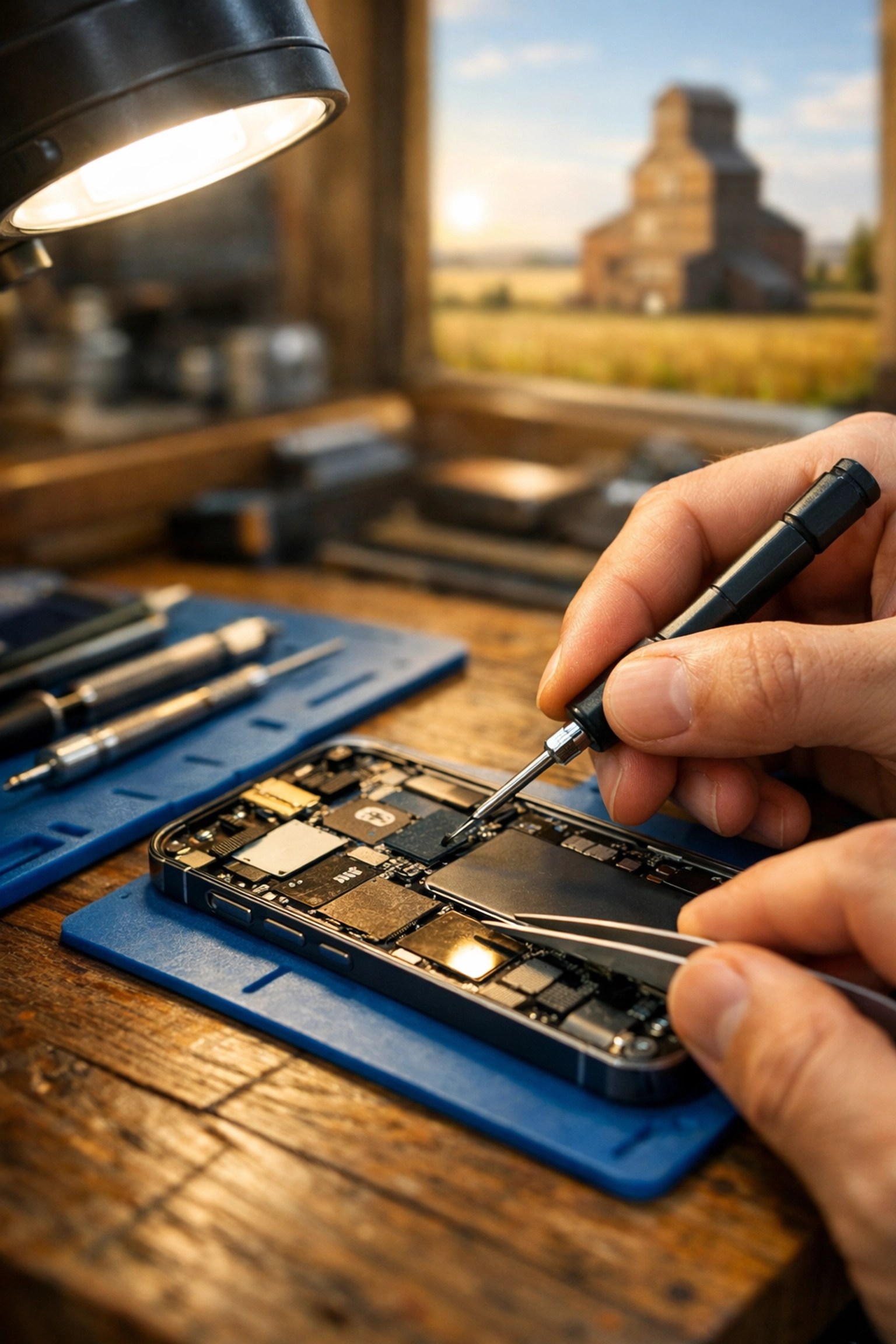 Expert smartphone repair on a technician's workbench in Raymond, near Magrath and Stirling, Alberta.
