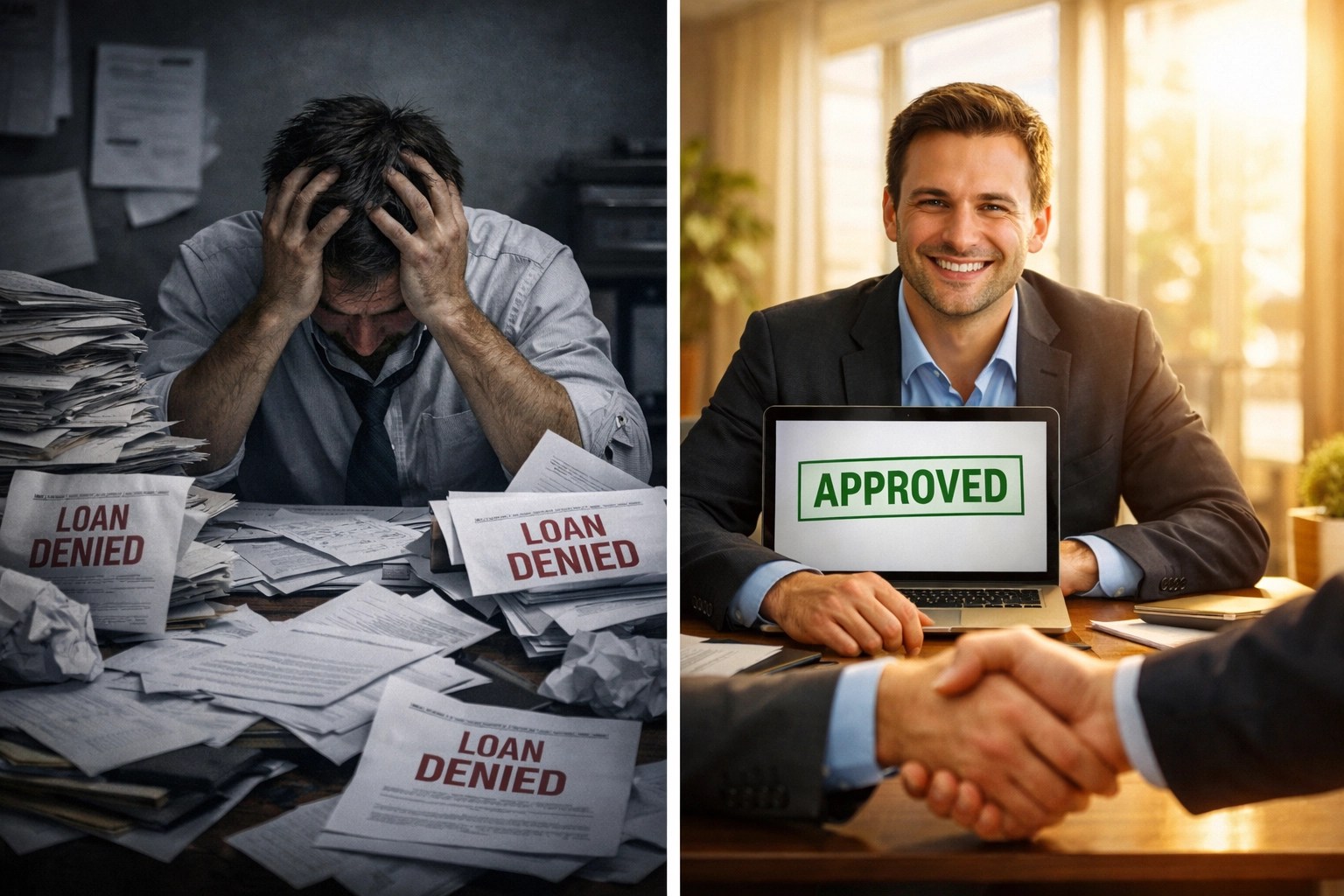 Contrast between loan rejection stress and business funding approval success with expert support