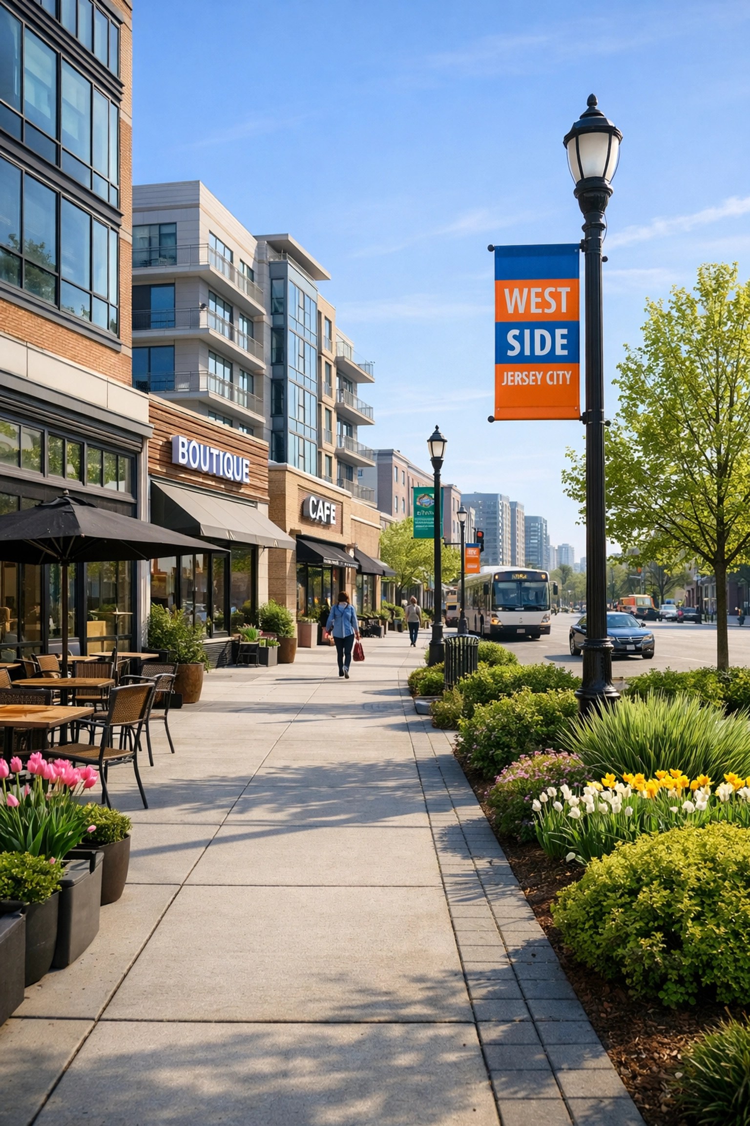 Modern urban retail district in Jersey City's West Side showing neighborhood growth and convenience.