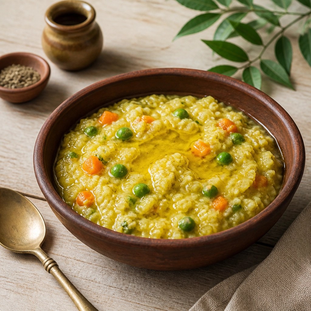 A balanced Ayurvedic meal of kitchari served in an earthenware bowl, showcasing warm and nourishing textures.