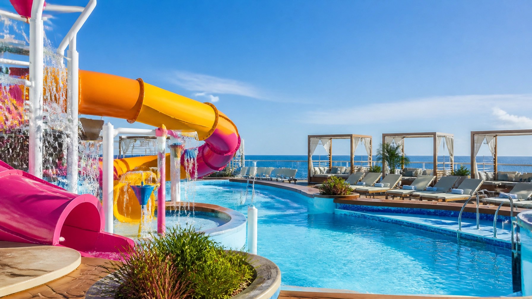 Bright cruise ship pool deck with water slide and ocean views