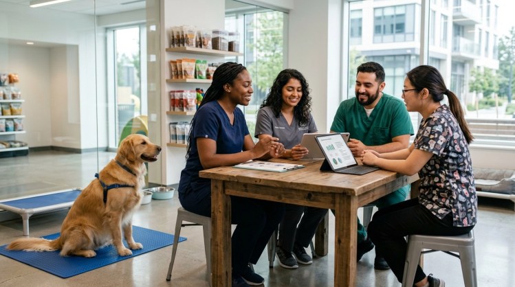 A professional pet care team collaborating during a training or planning session in a modern facility, showing the people-first strategy behind building a strong, reliable staff.