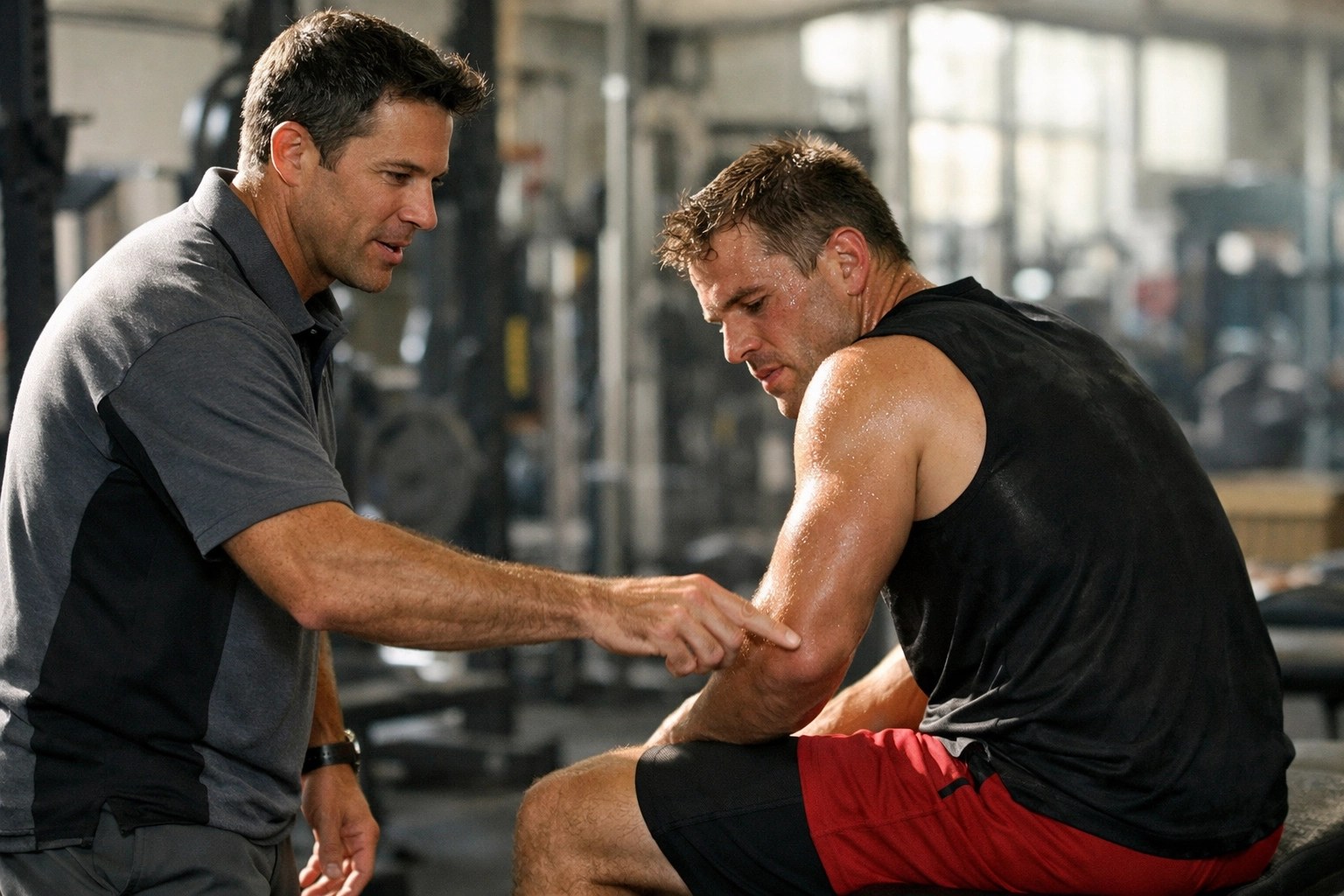 Sports consultant explaining natural back pain relief and recovery protocols to a professional athlete.