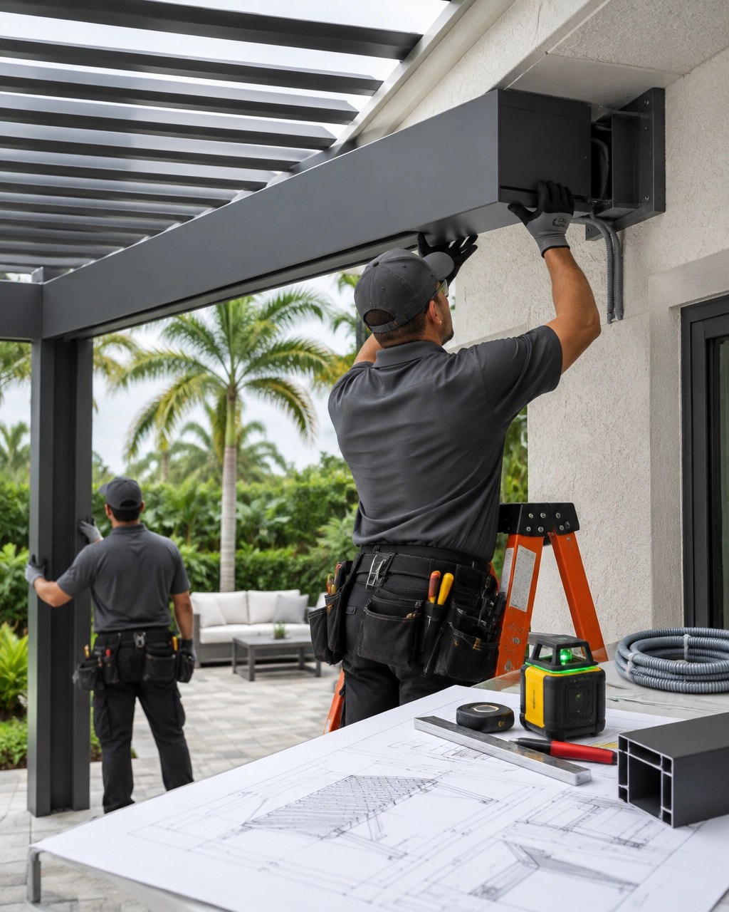 Installation team fitting a motorized louvered roof beam to an existing South Florida home, with structural connections and engineering details visible