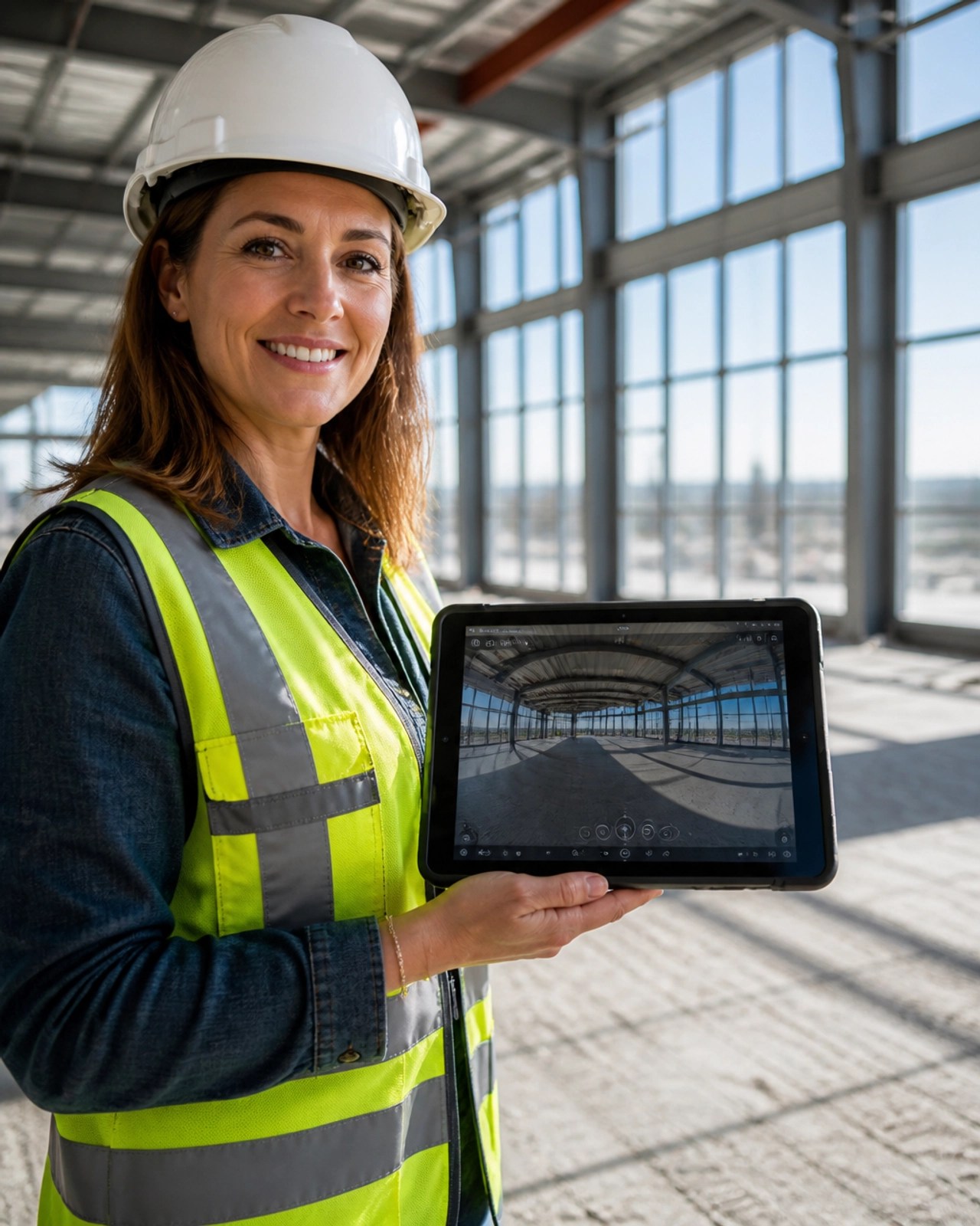 A professional in a white hard hat standing in a sunlit building under construction, viewing a virtual tour on a tablet.