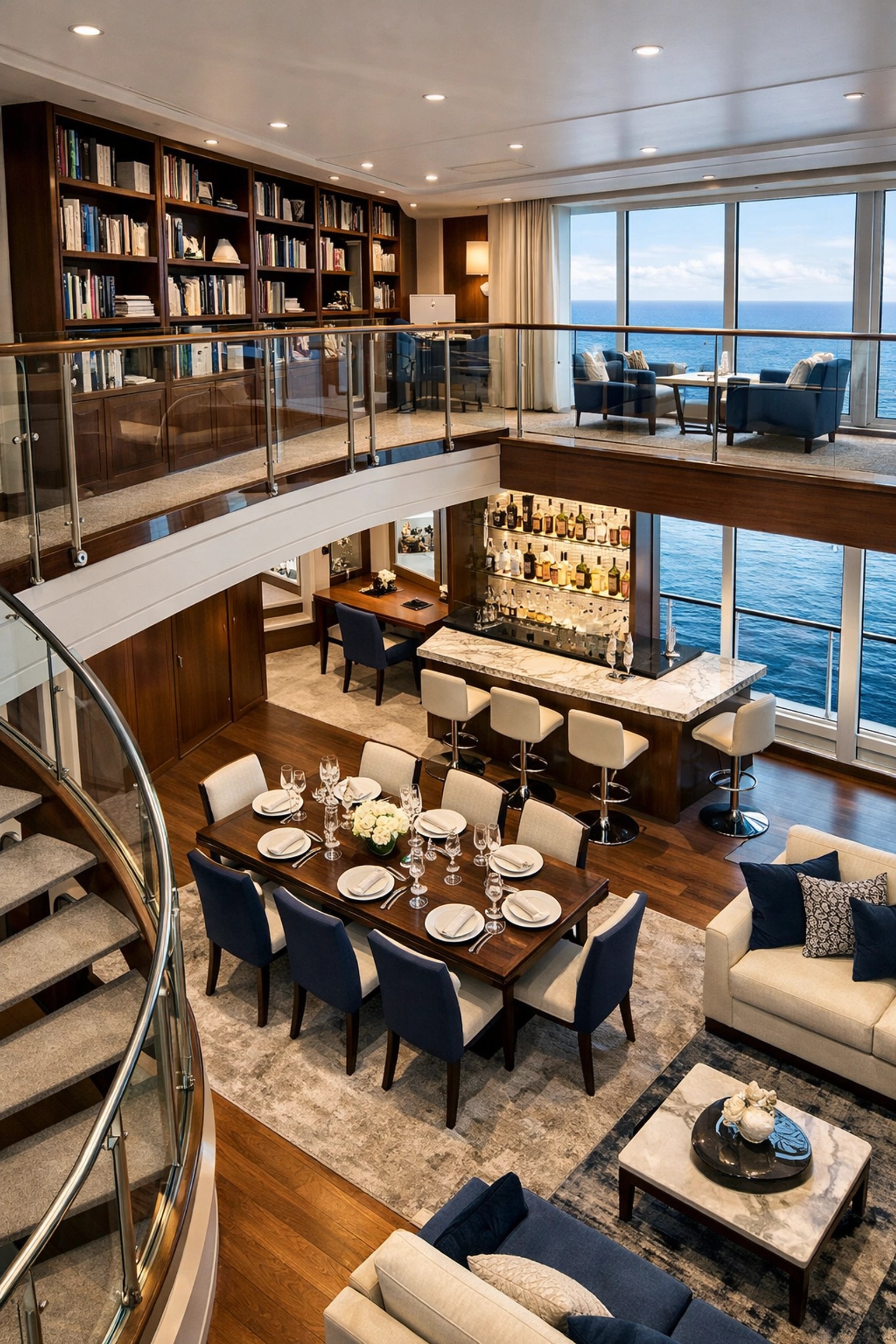 Multi-level cruise suite living area with formal dining and ocean-facing bar