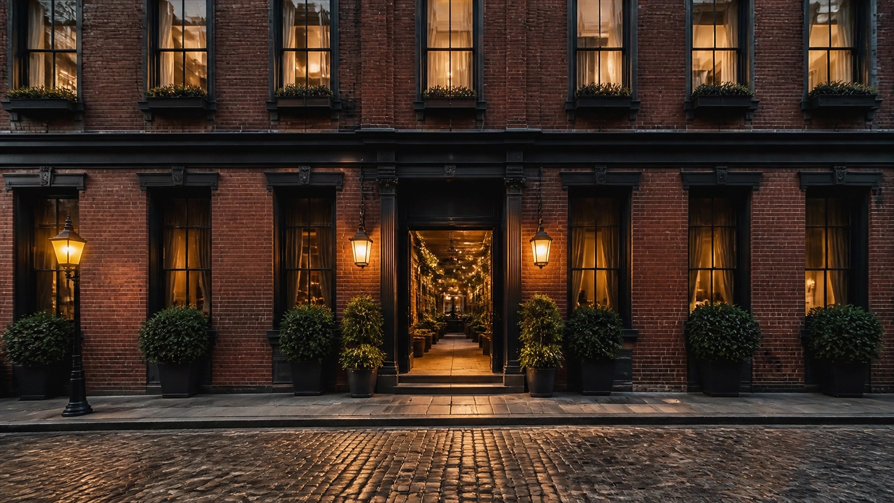 Stylish SoHo boutique hotel exterior with glowing windows and an inviting early autumn evening atmosphere