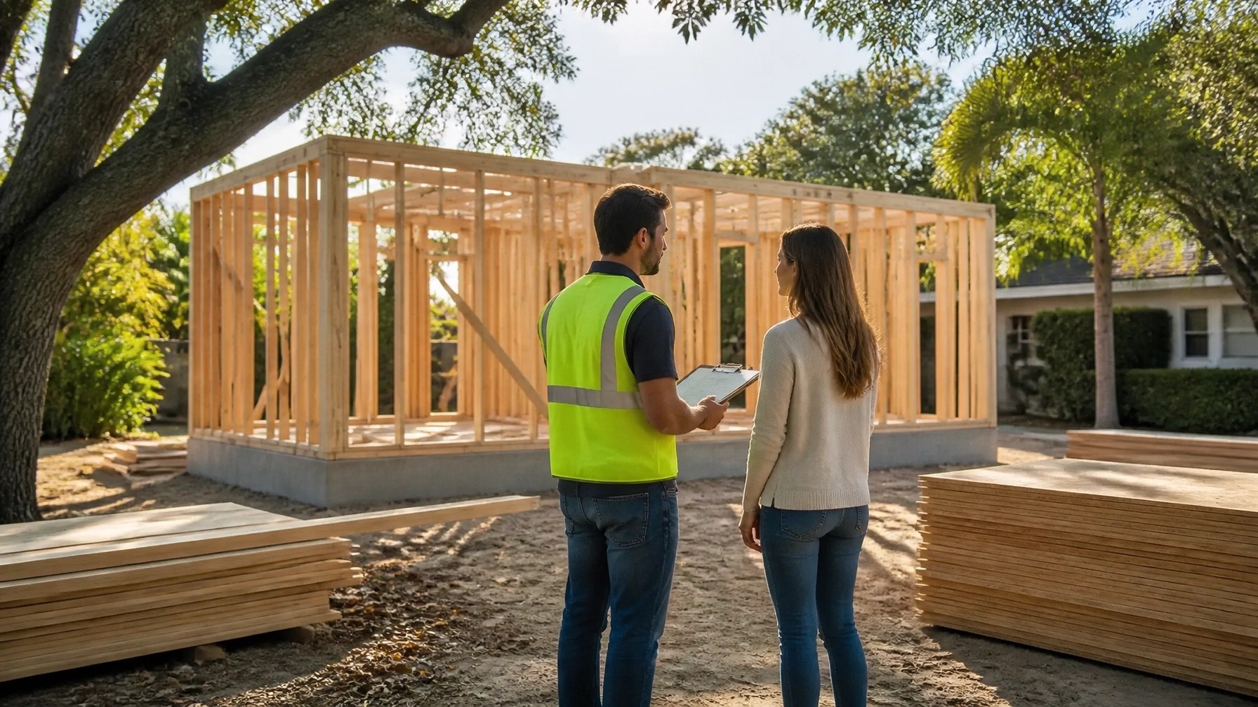 Builder and homeowner reviewing progress at an organized residential construction site