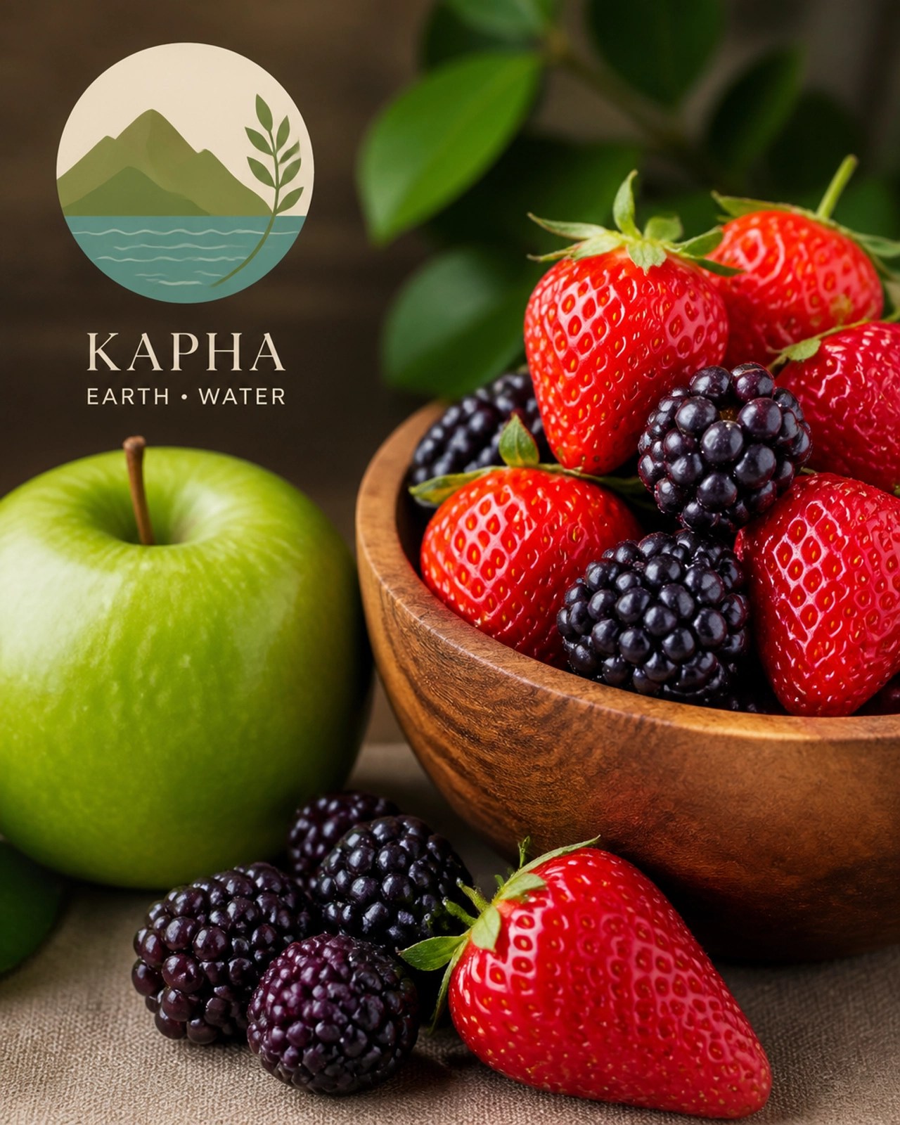 Frutas ligeras y astringentes como fresas y manzanas verdes, recomendadas para el equilibrio del dosha Kapha