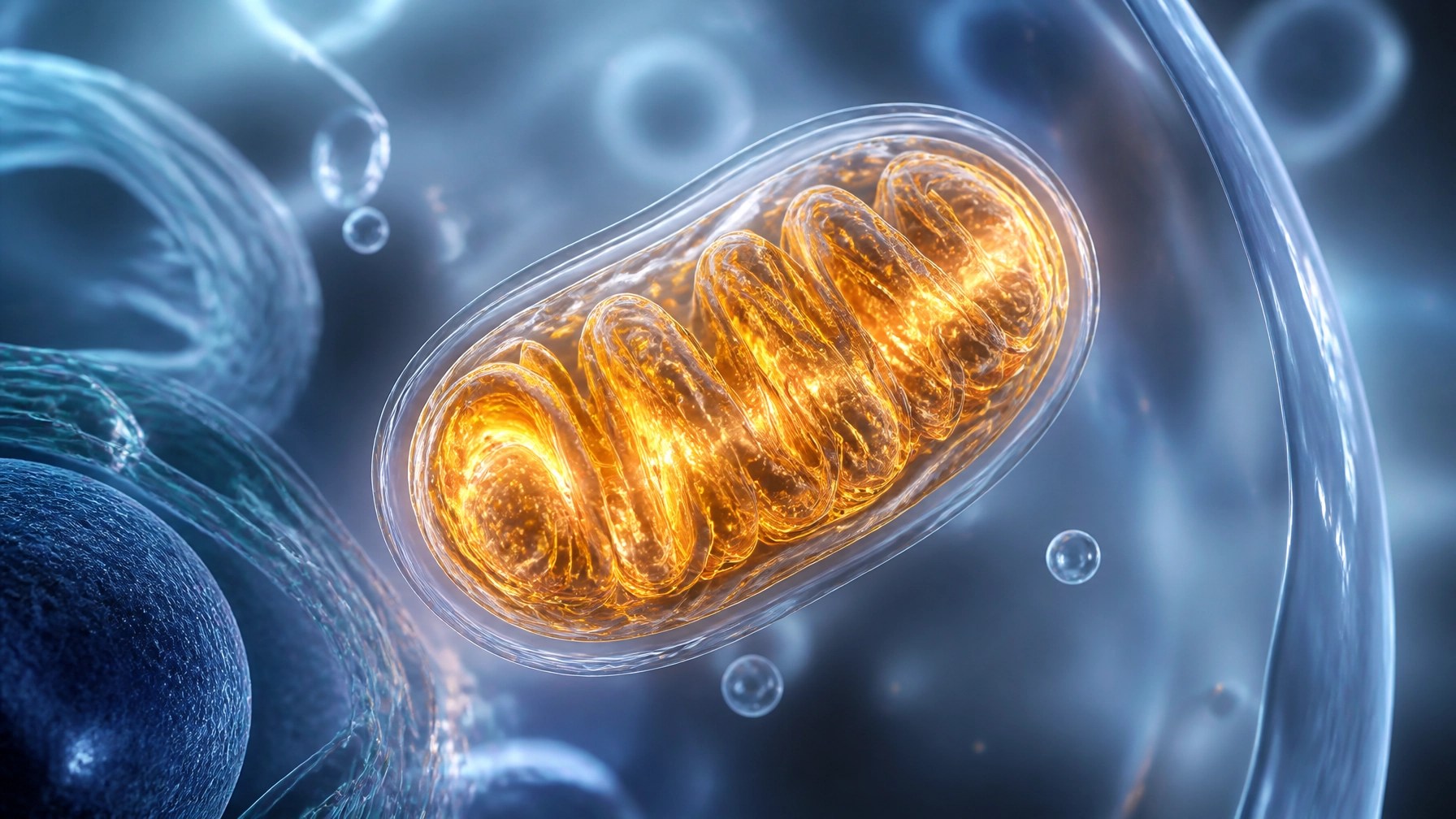 A high-tech, 3D medical visualization of a human mitochondrion glowing with golden energy, inside a clean, translucent cell.
