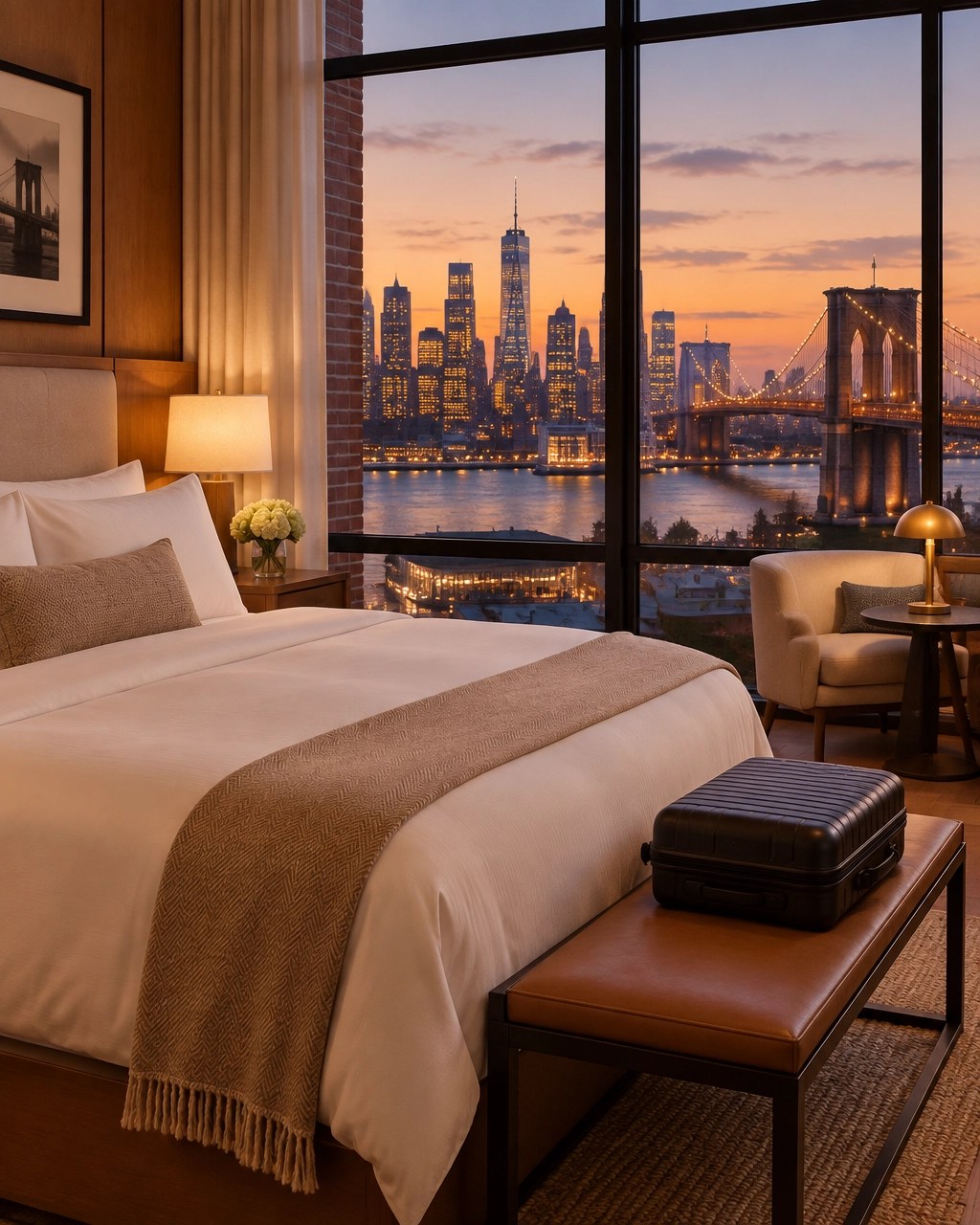 Warm Brooklyn hotel suite with Manhattan skyline and Brooklyn Bridge views