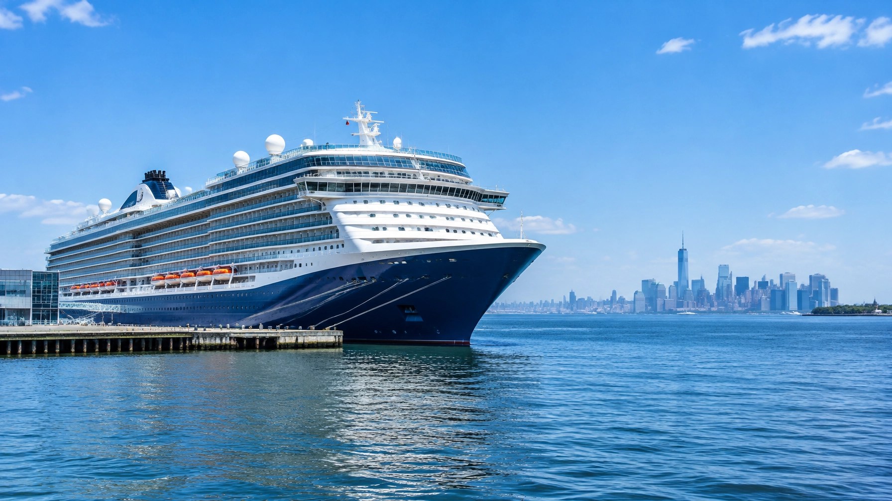 Cruise ship docked in New York Harbor, with the distant Manhattan skyline on a clear day