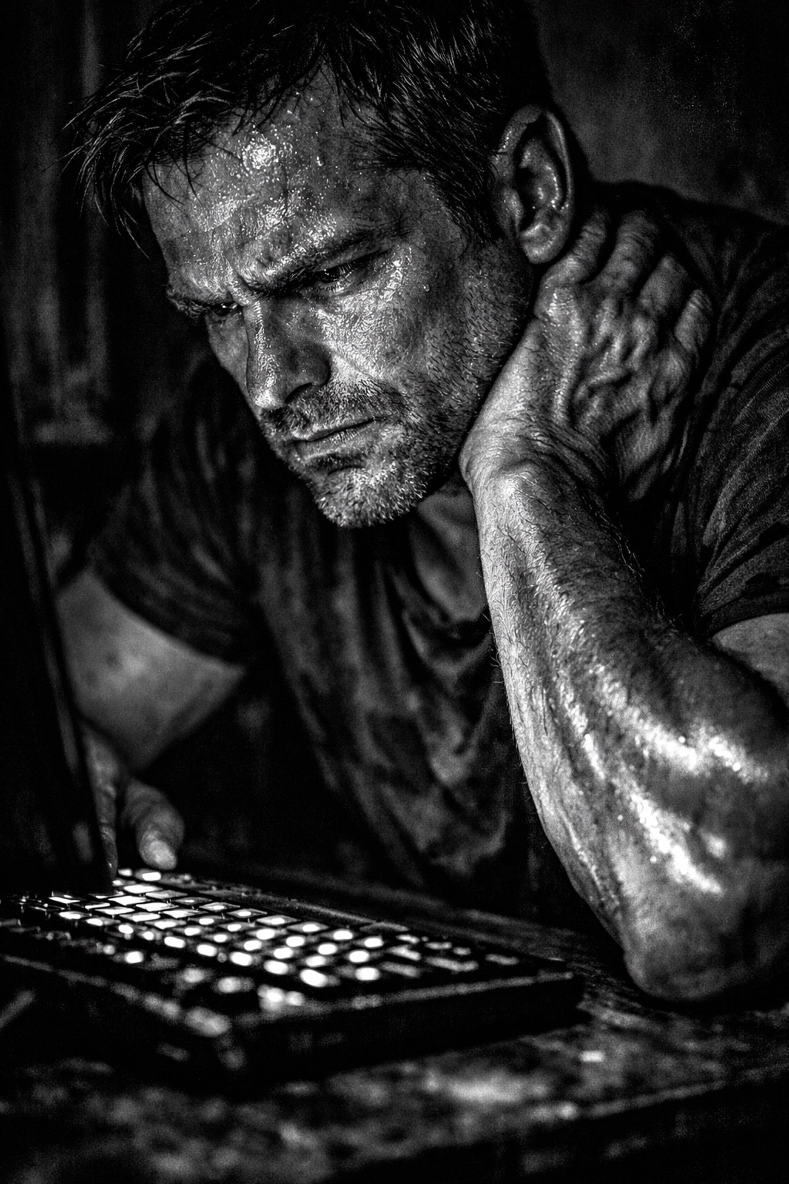Man at computer clutching sore neck due to intense physical strain and creative block.