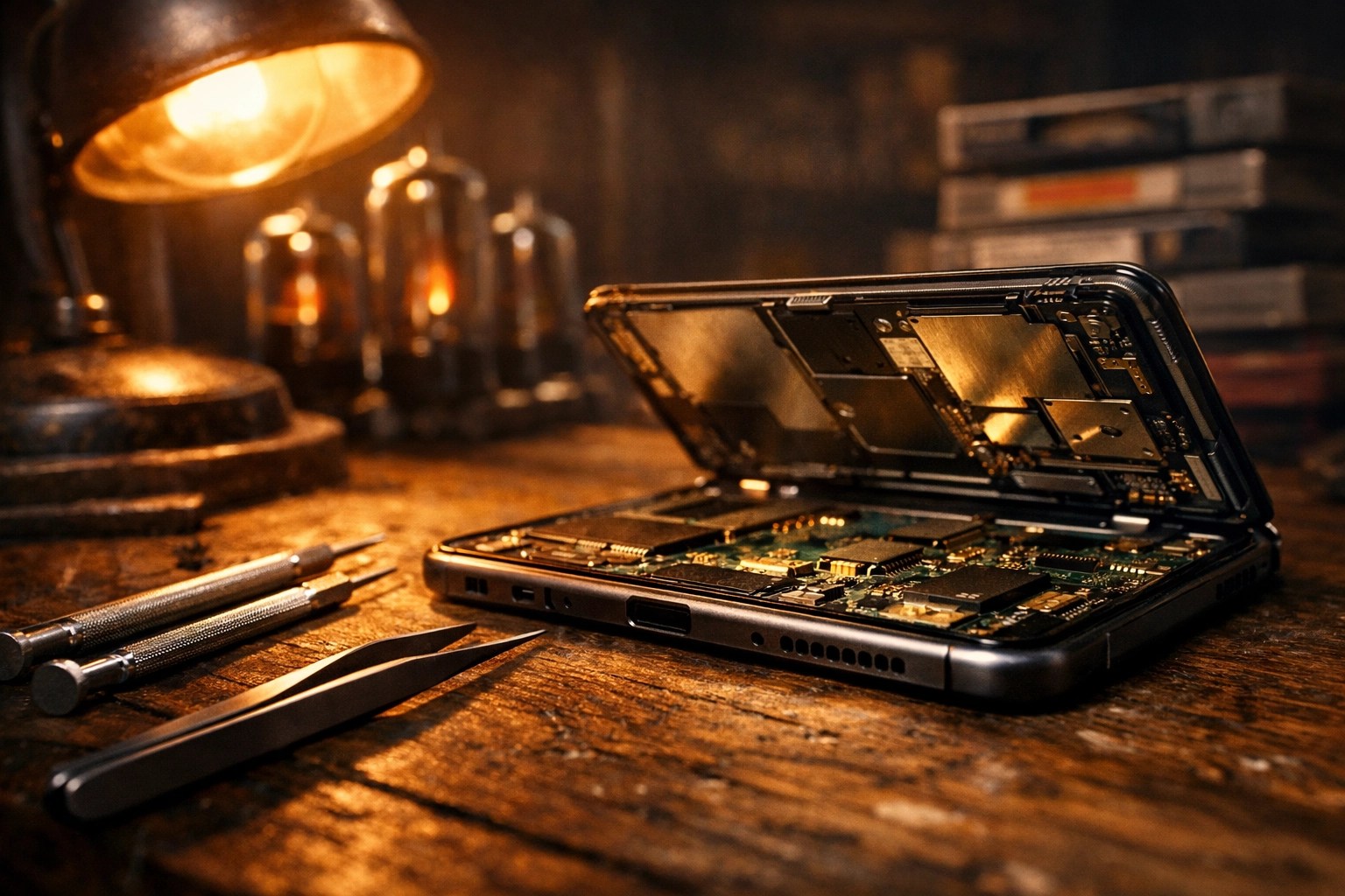 Professional tools and an open smartphone on a workbench, highlighting the Right to Repair for electronic devices.