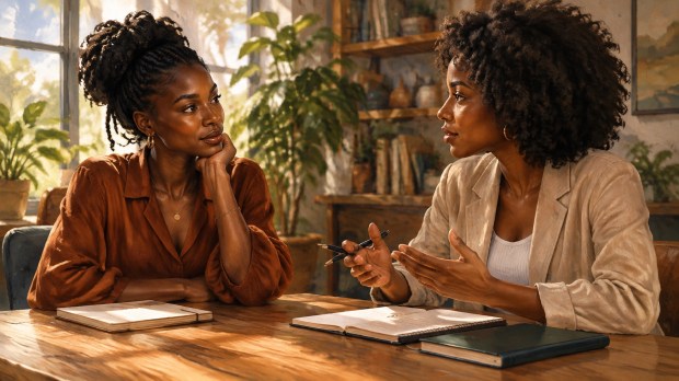 Two women of color share a thoughtful, respectful conversation over notebooks in warm morning light
