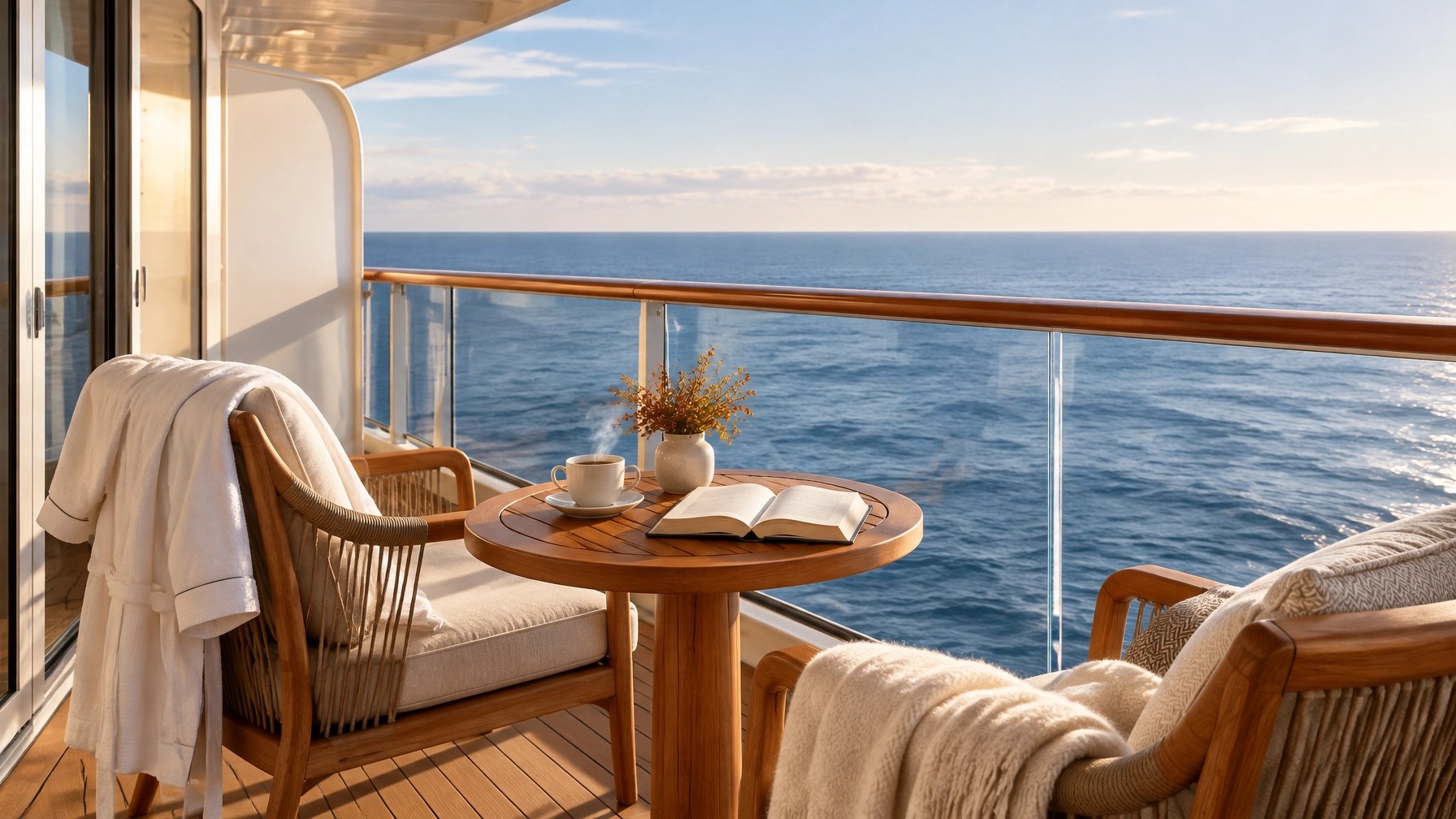 Elegant cruise balcony with coffee, a book, and a calm steel-blue ocean view
