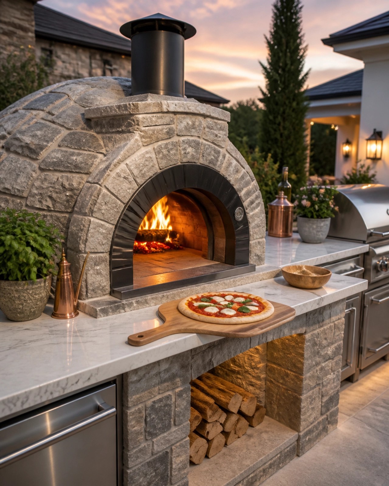 A stone-clad outdoor pizza oven integrated into a custom counter.