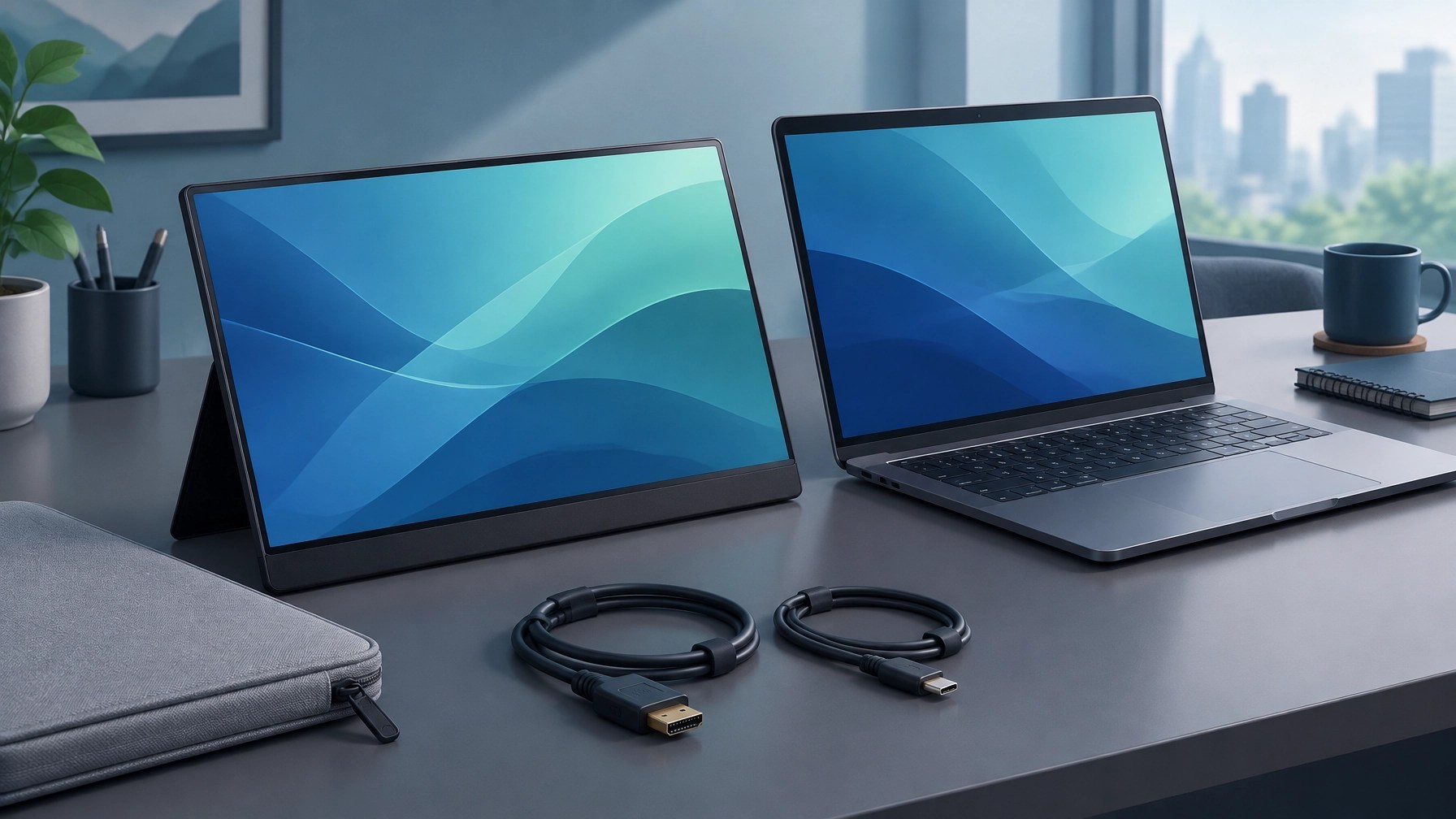 Illustration of a slim portable monitor beside a laptop on a hybrid-work desk