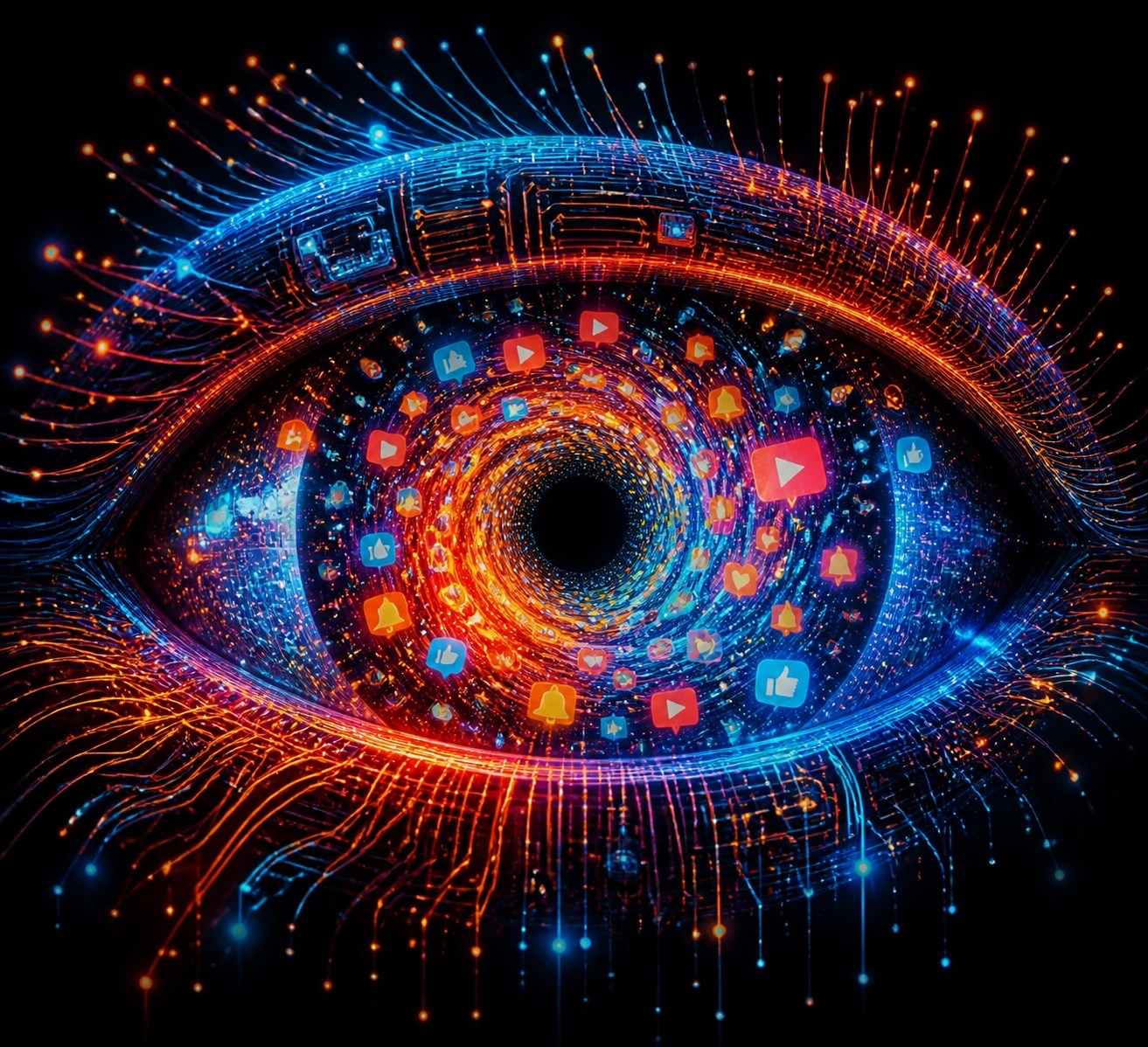 A digital eye filled with social media icons representing algorithmic control over urban news and viral content.