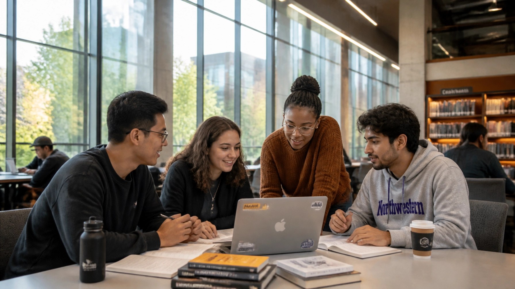 A diverse group of college students collaborating on a research project in a modern library
