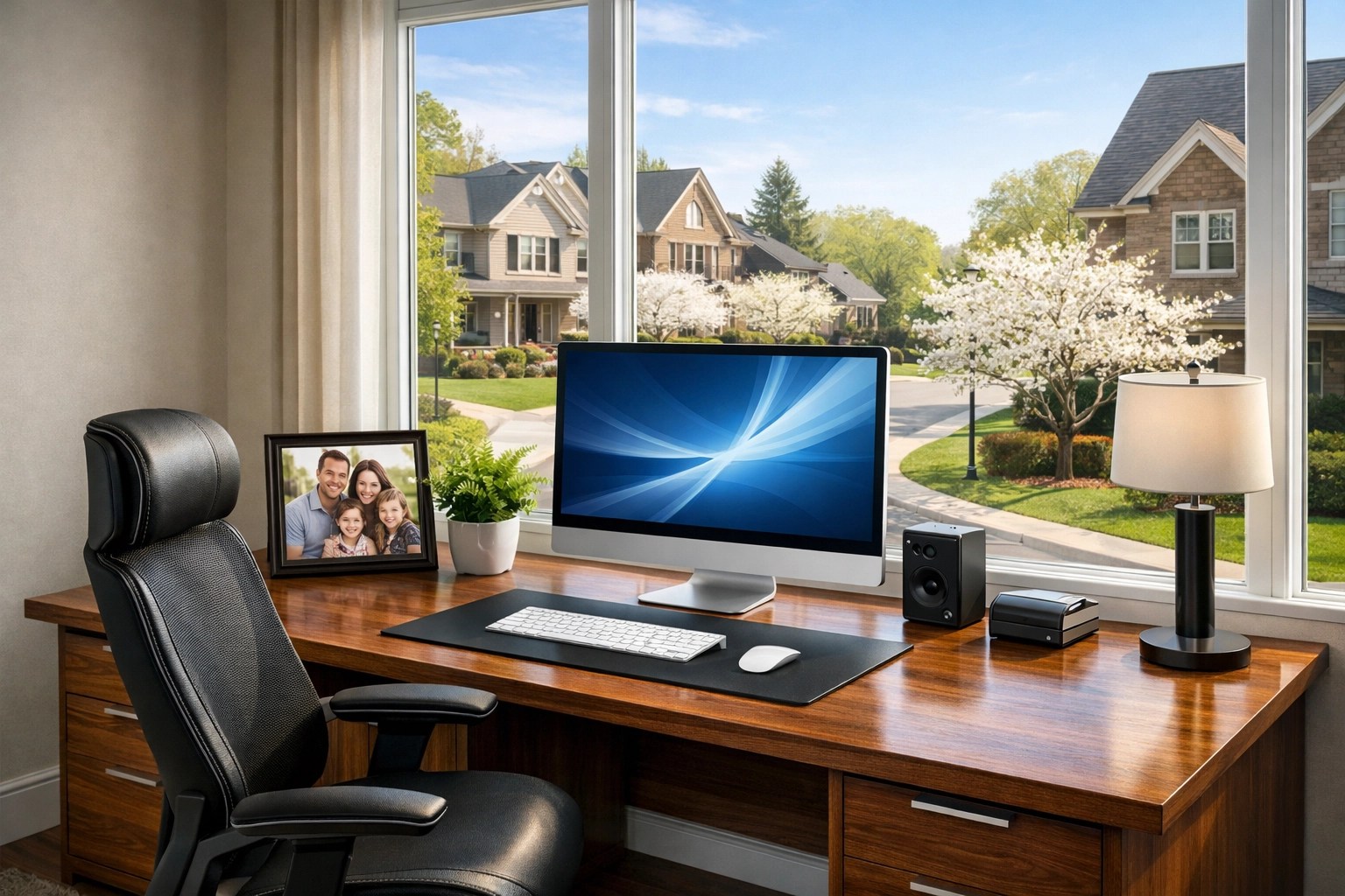 Home office in a North Atlanta suburb illustrating business insurance for Georgia remote workers.