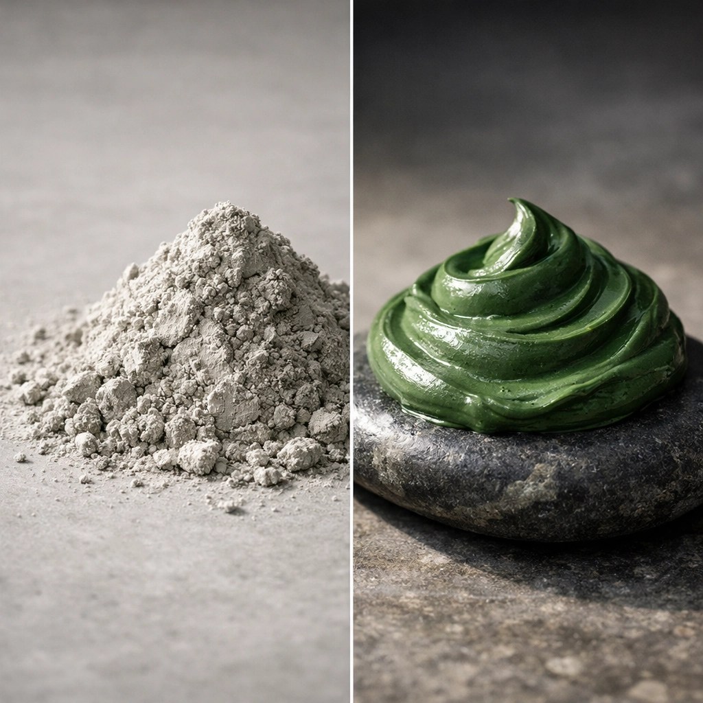 Comparison of dry bentonite clay powder and smooth green clay paste for a natural clay detox.