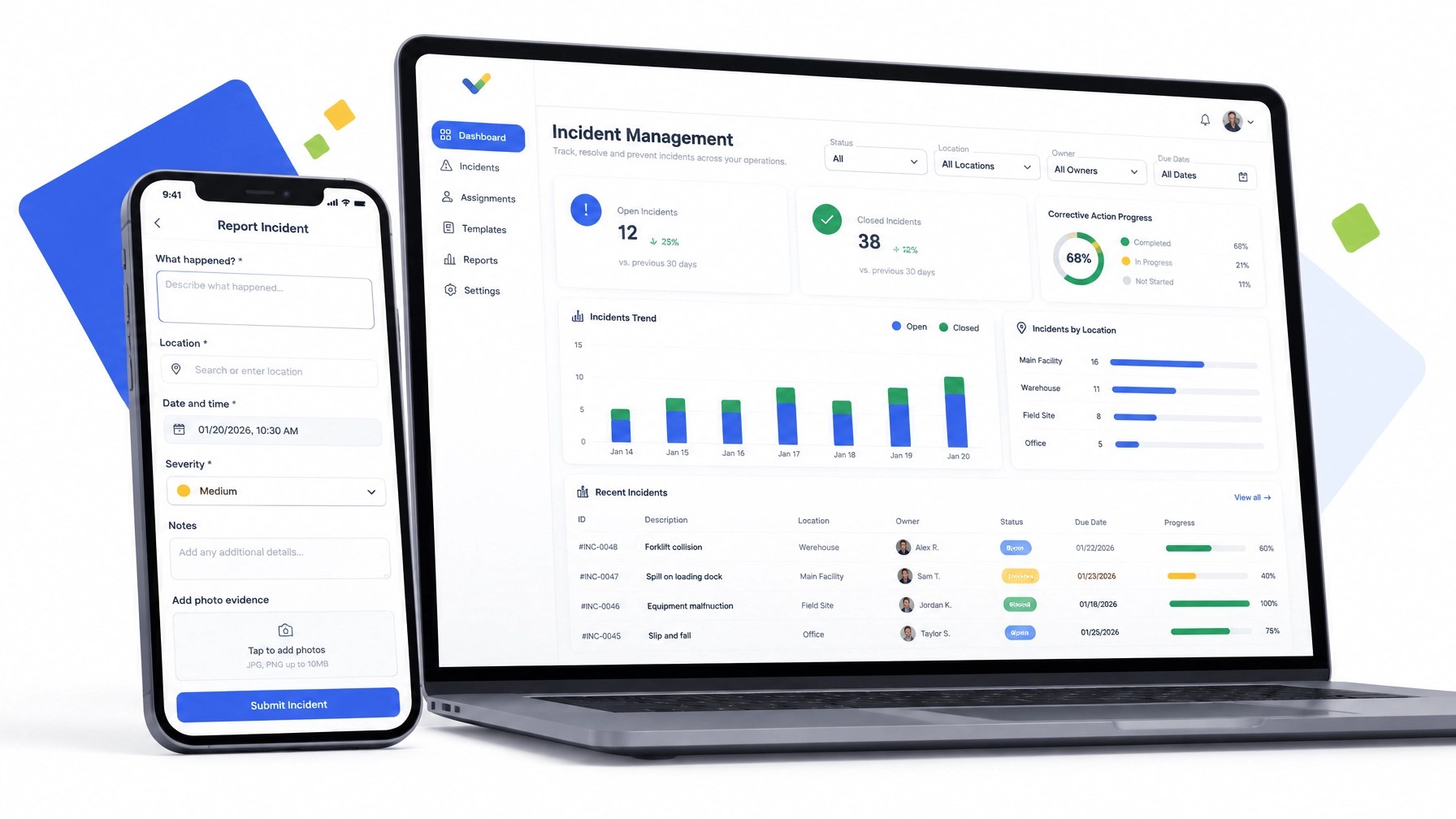 Multi-device InspectU product mockup showing a mobile incident form and web dashboard with open and closed incident visibility