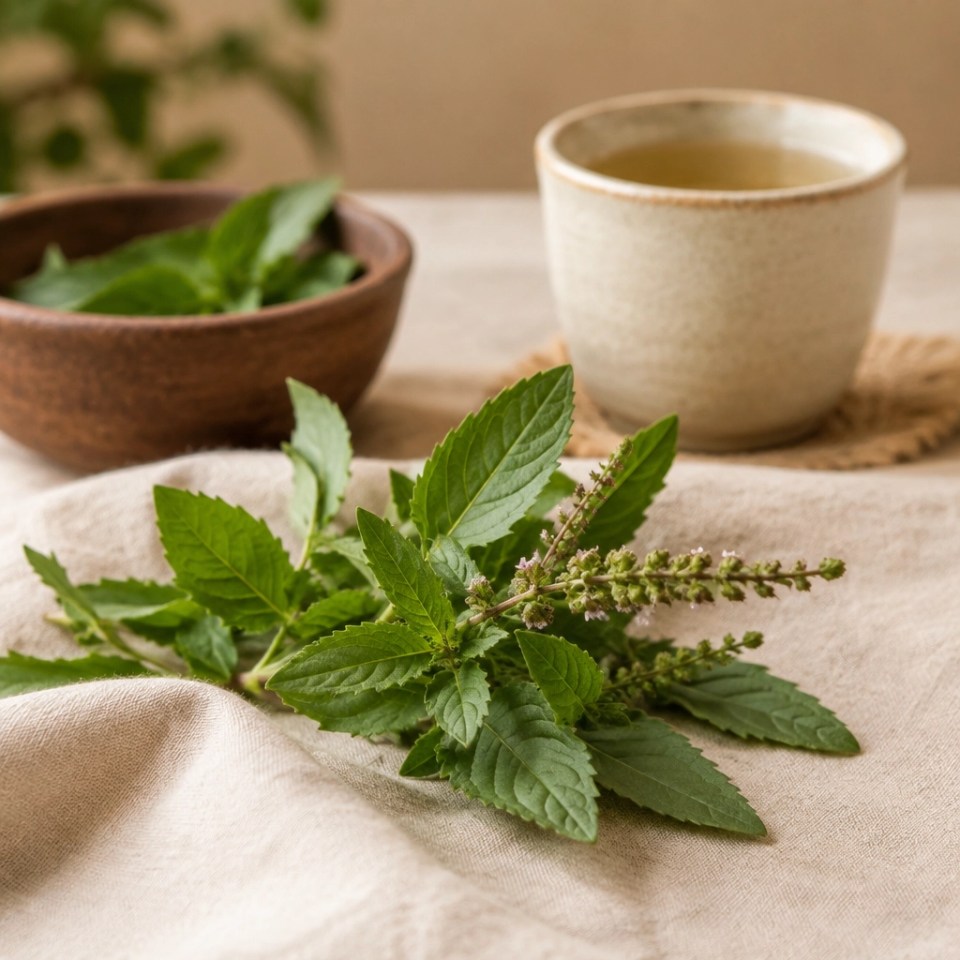 Taza de infusión de tulsi junto a una planta fresca y un cuaderno para una rutina diaria de bienestar