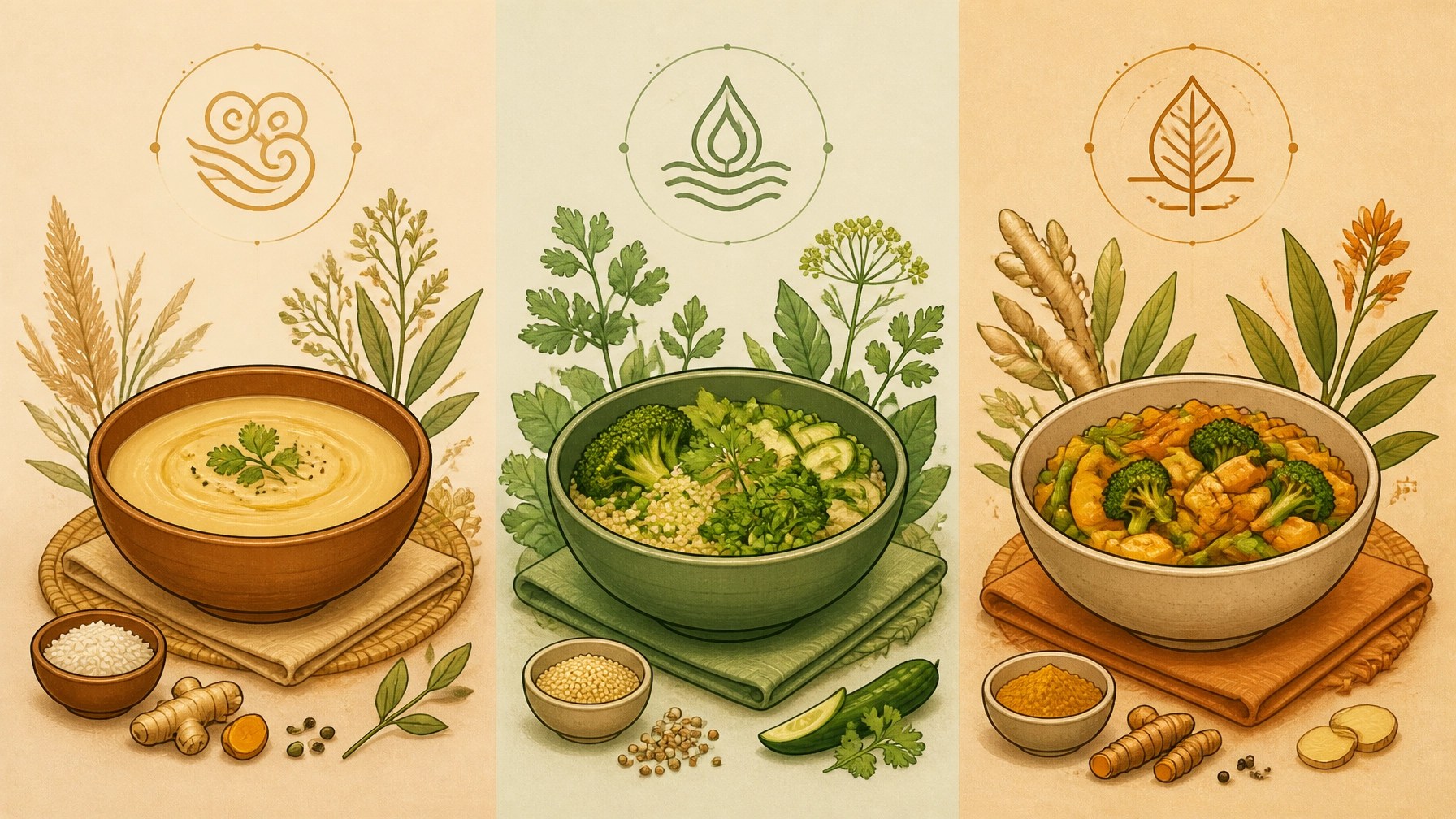 Tres cenas ayurvédicas adaptadas a Vata, Pitta y Kapha con ingredientes naturales y locales