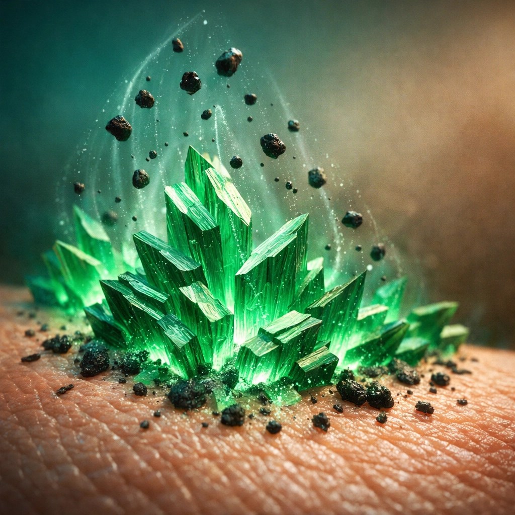 Microscopic illustration of green clay particles detoxing skin by drawing out impurities.