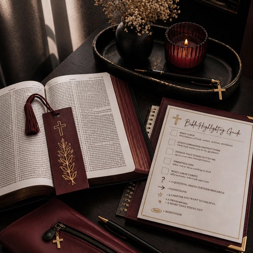 Hyper-realistic Bible study desk still life with open Bible, warm ivory notes, rich wine burgundy leather accents, soft black hardware, and antique gold detailing