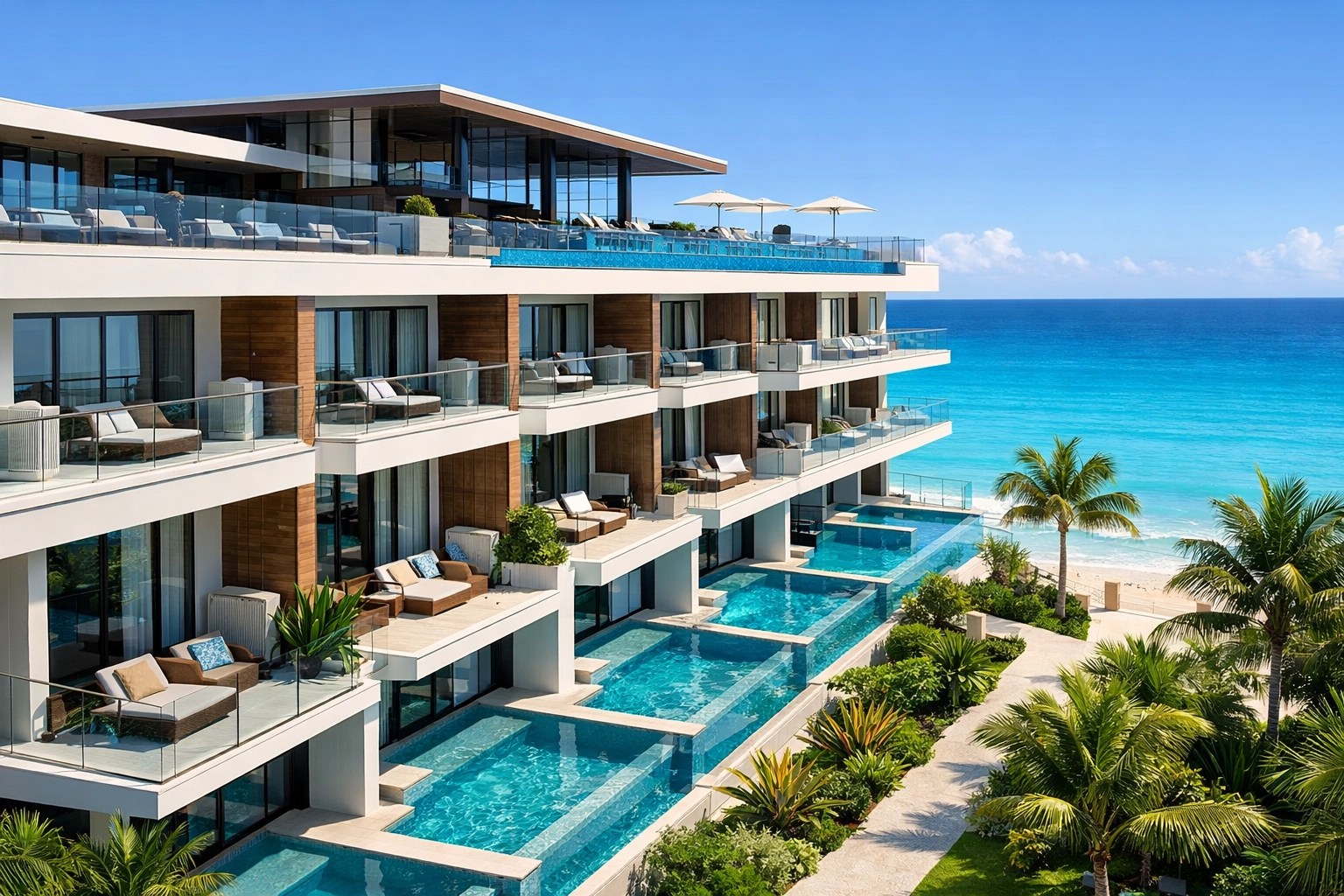 Modern luxury Hotel Riu Ventura resort in Cancun with elevated swim-up pools and a rooftop skybar infinity pool overlooking the turquoise Caribbean Sea.