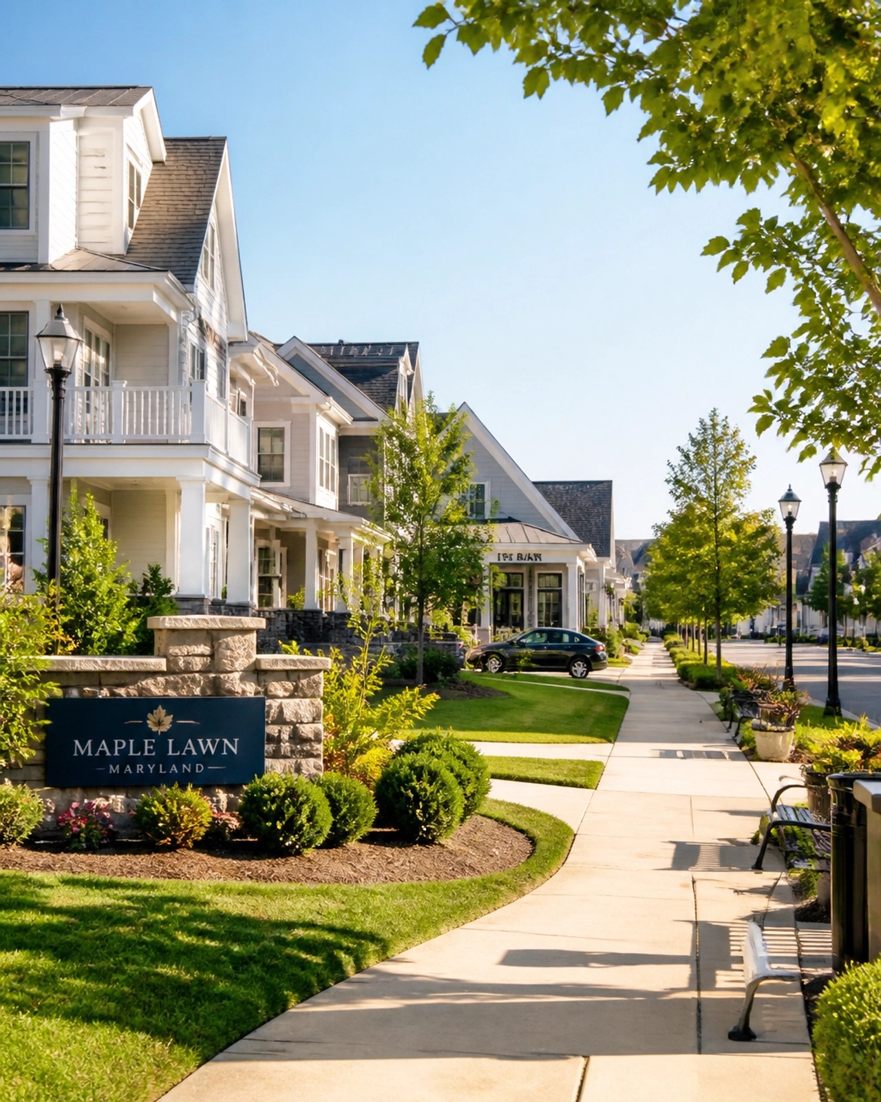 A modern, walkable high-end community in Howard County with luxury homes and green spaces.