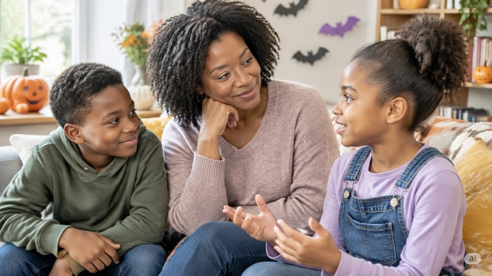 racist Halloween costumes and hurtful language are discussed as a Black mother listens to her two children in the living room.