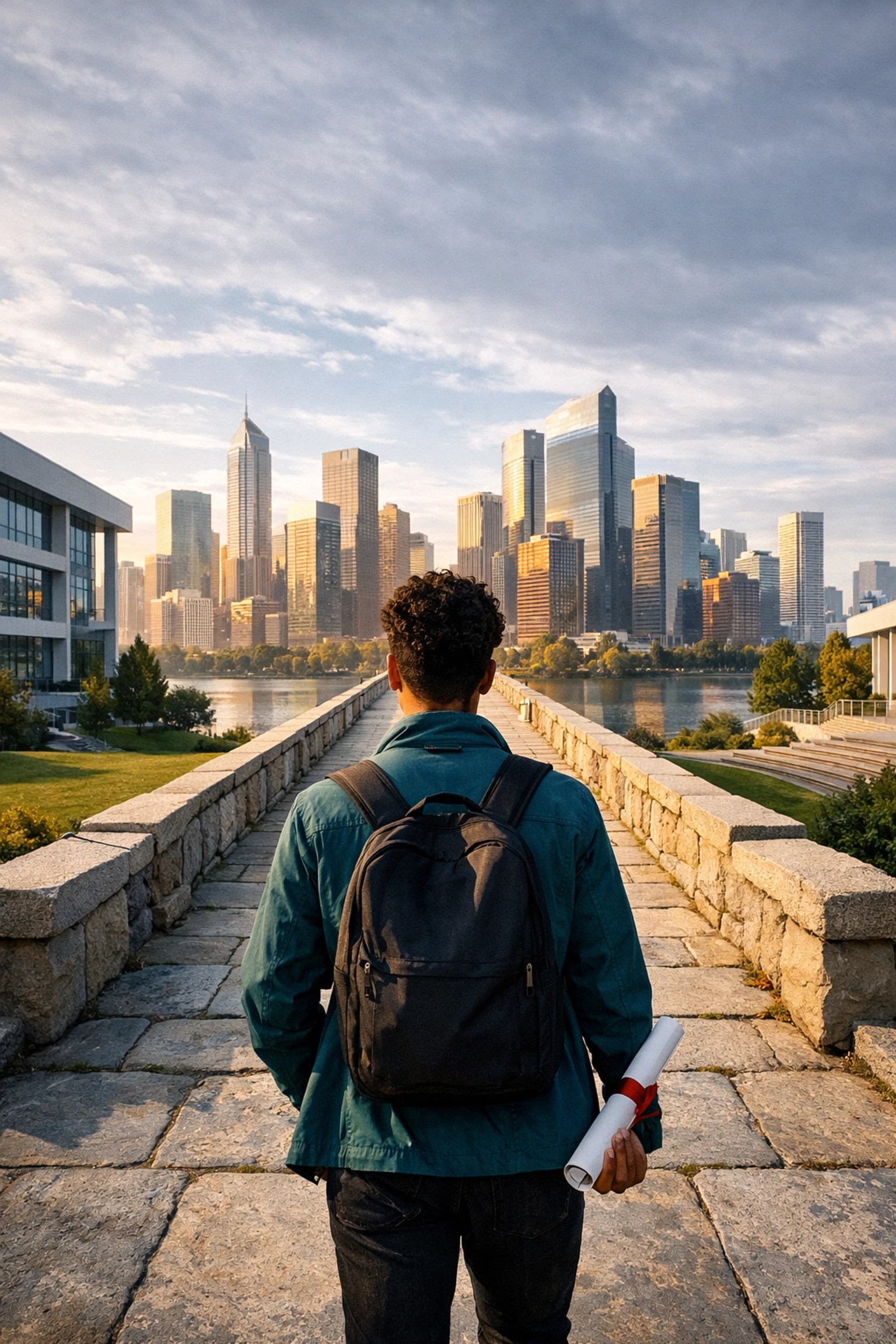 Student on a university bridge looking at city buildings, symbolizing a degree as a tool for career transition.