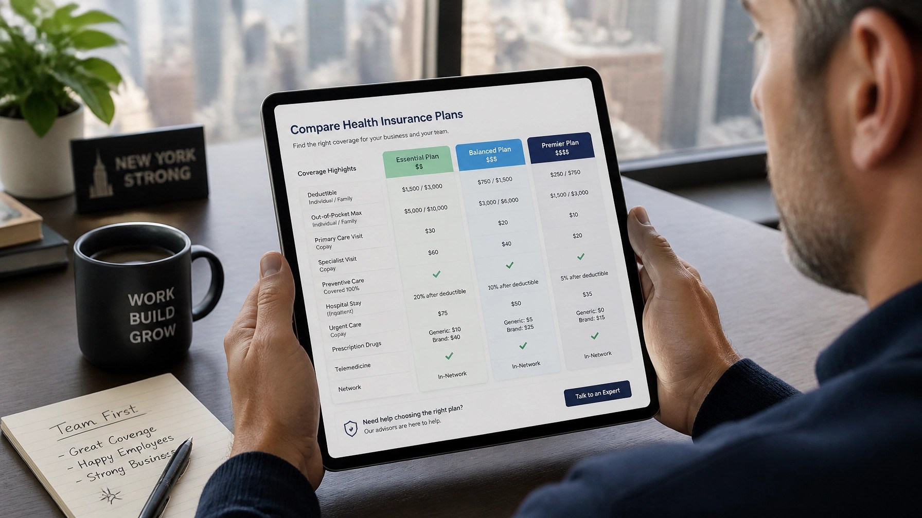 Business owner reviewing New York health insurance policies