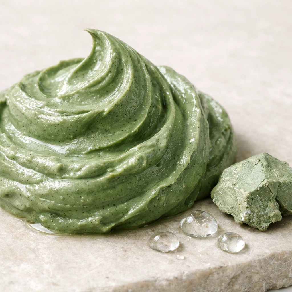 Creamy French green clay swirl with mineral grains for skin detox and natural healing.