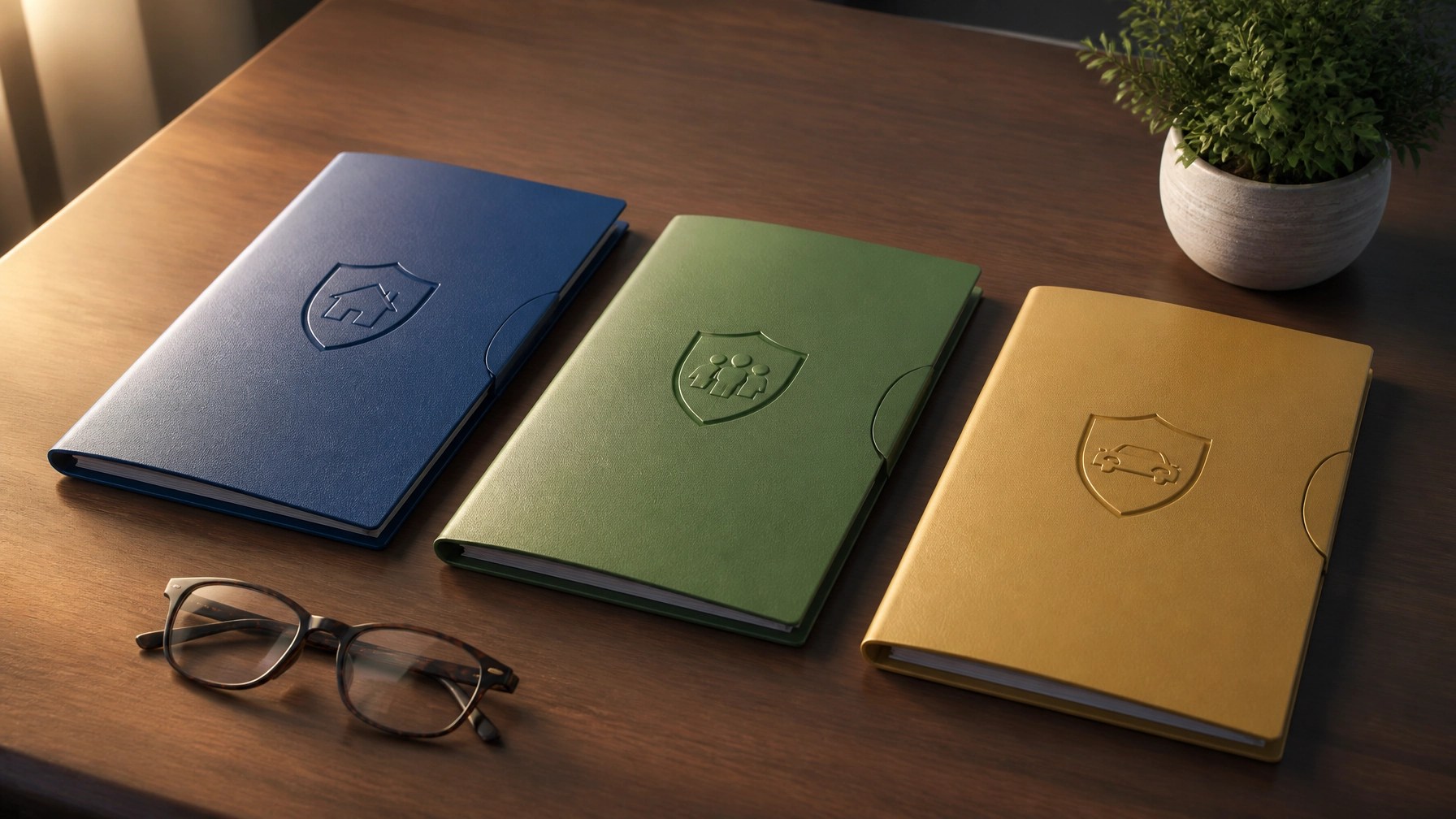 Three colorful insurance folders on a desk representing the simple choice and comparison process