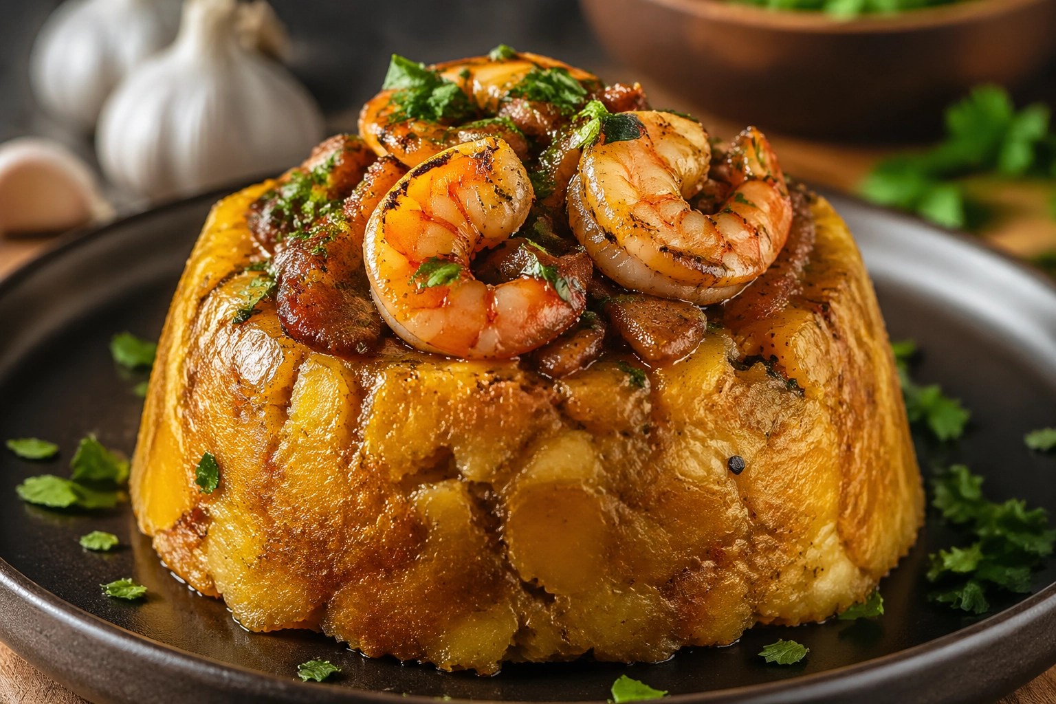 Traditional Puerto Rican mofongo served in a vibrant, mouth-watering close-up presentation.
